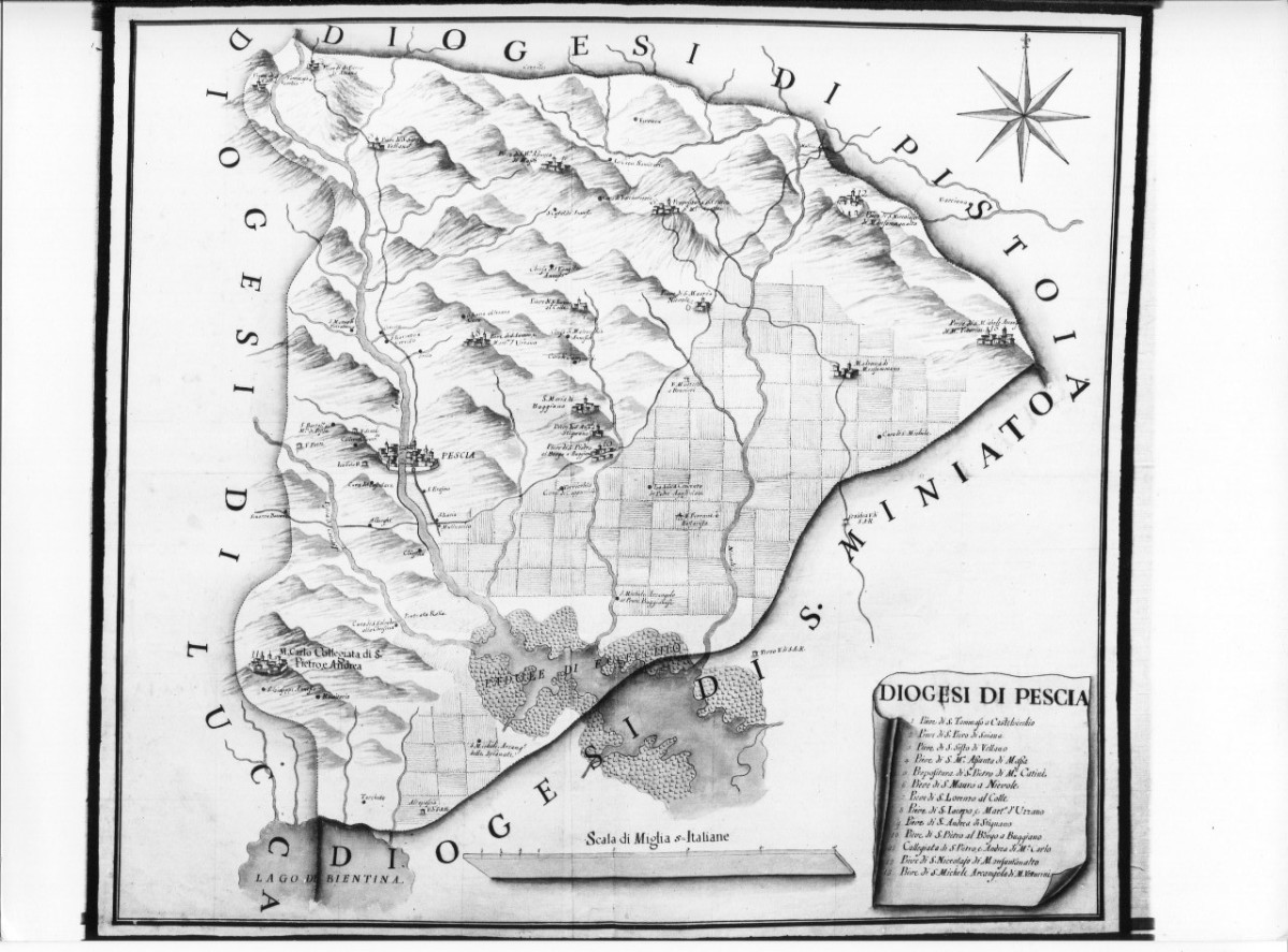 Diogesi di Pescia, carta geografica della diocesi di Pescia (cabreo) - ambito toscano (metà XVIII)