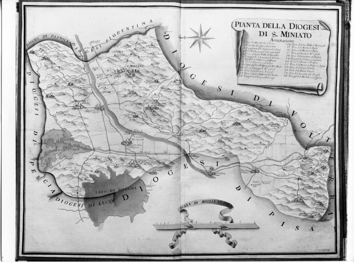 Pianta della Diogesi di S. Miniato, carta geografica della diocesi di S. Miniato (cabreo) - ambito toscano (metà XVIII)