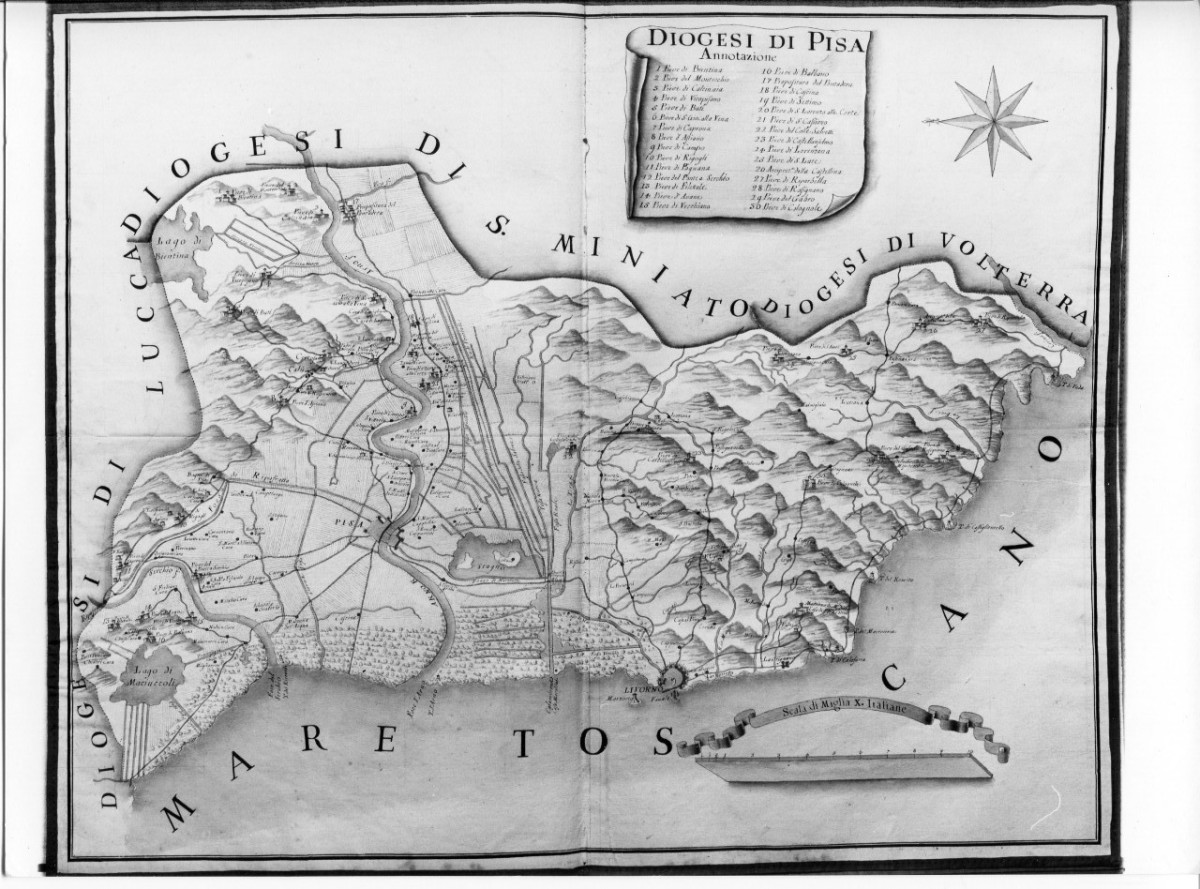 Diogesi di Pisa, carta geografica della diocesi di Pisa (cabreo) - ambito toscano (metà XVIII)