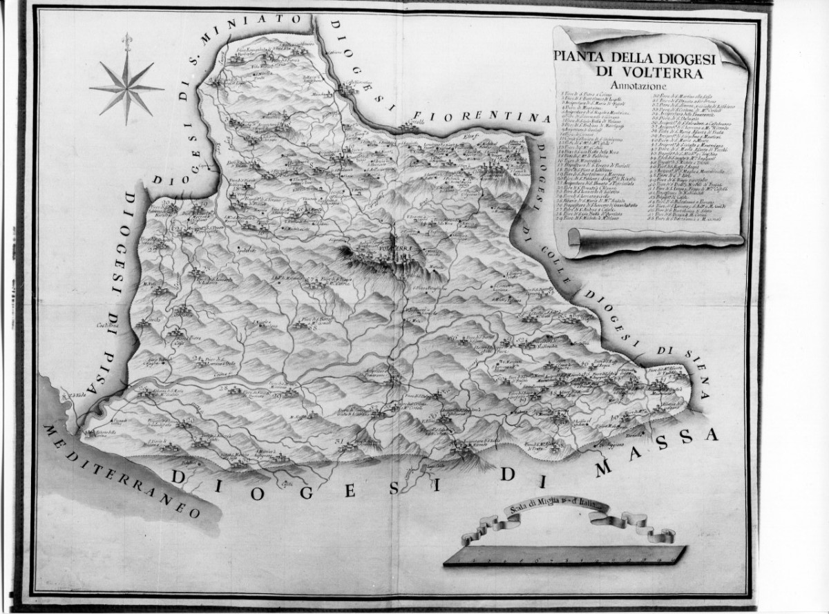 Pianta della diogesi di Volterra, carta geografica della diocesi di Volterra (cabreo) - ambito toscano (metà XVIII)