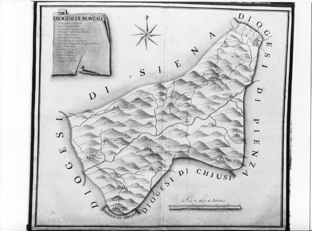 Diogesi di Montalcino, carta geografica della diocesi di Montalcino (cabreo) - ambito toscano (metà XVIII)