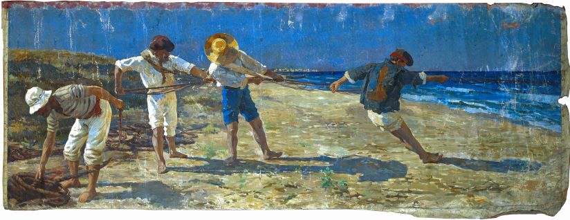 Pesca con la sciabica (dipinto, elemento d'insieme) di Coromaldi Umberto (sec. XX)