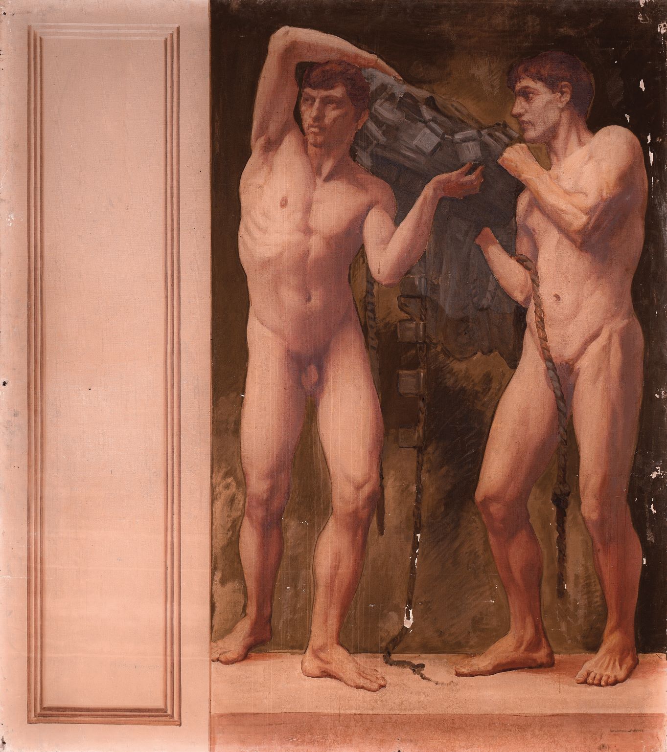 Due figure nude con attributi di pescatori (dipinto, elemento d'insieme) di Coromaldi Umberto (sec. XX)