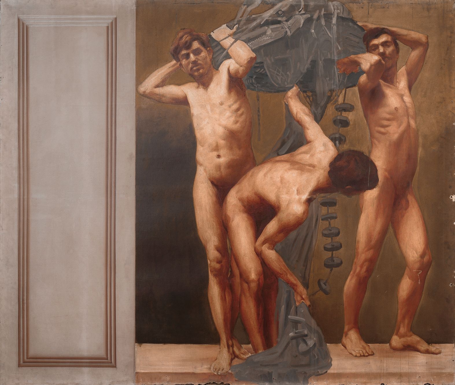 Tre figure nude con attrezzi da pesca (dipinto, elemento d'insieme) di Coromaldi Umberto (sec. XX)