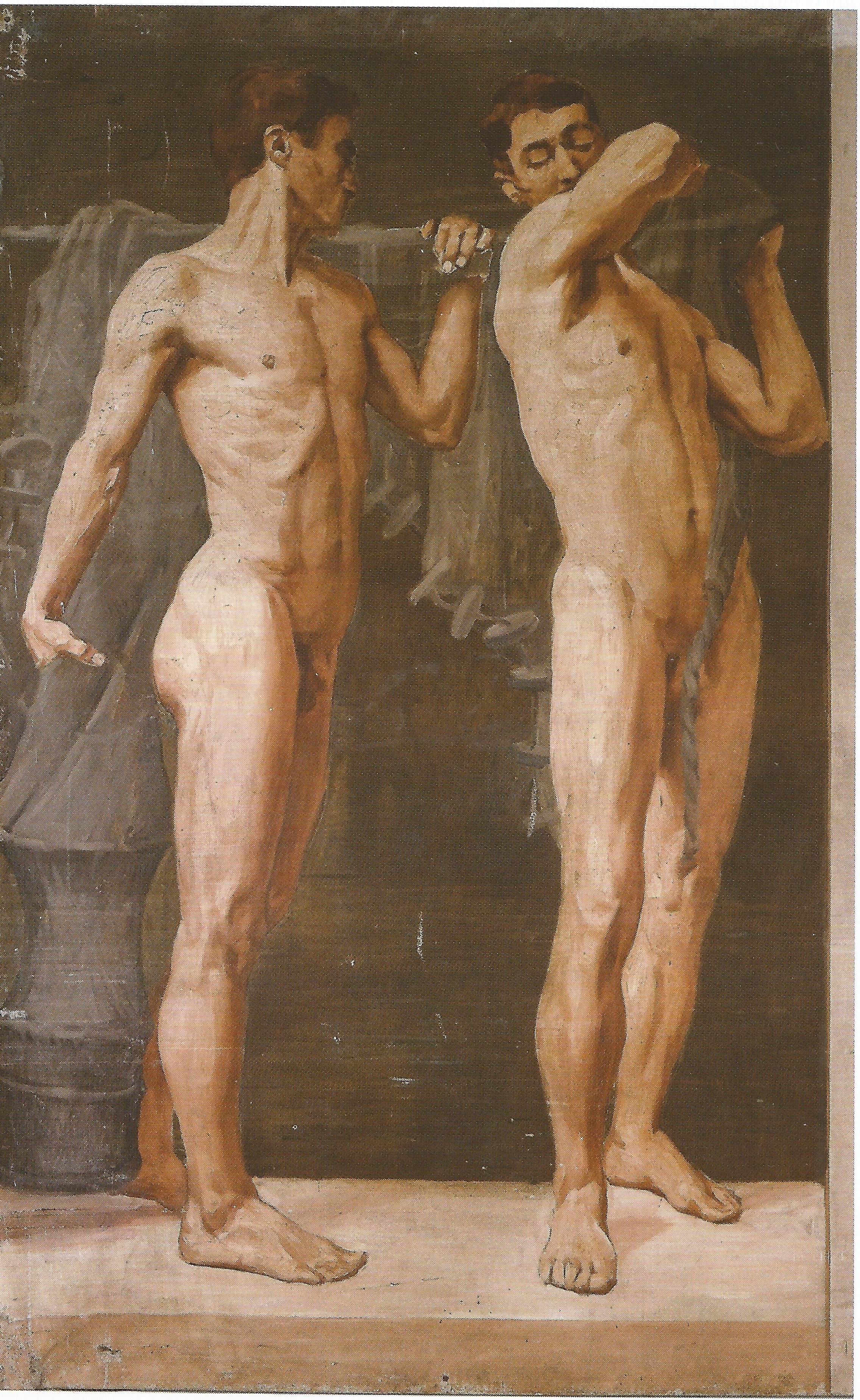Due figure nude con attributi di pescatori (dipinto, elemento d'insieme) di Coromaldi Umberto (sec. XX)