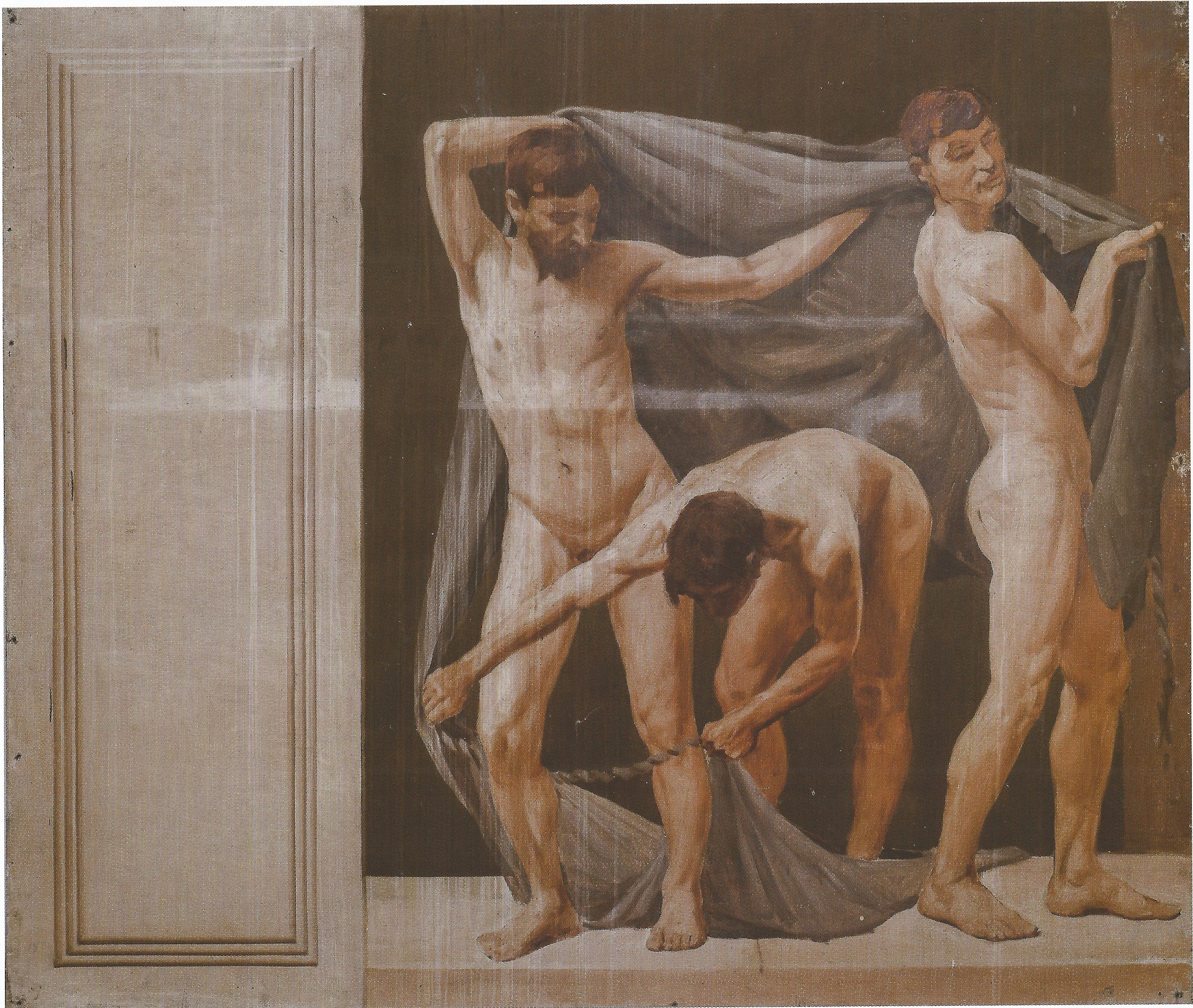Tre figure nude con vela e rete (dipinto, elemento d'insieme) di Coromaldi Umberto (sec. XX)
