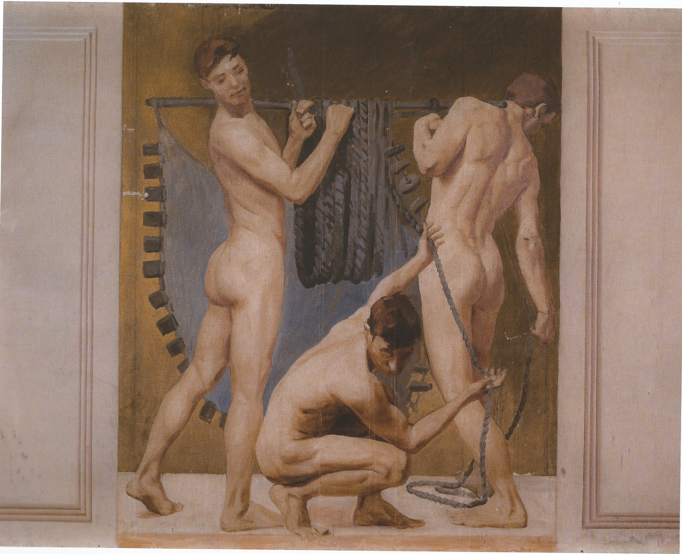 Tre figure nude con attributi di pescatori (dipinto, elemento d'insieme) di Coromaldi Umberto (sec. XX)