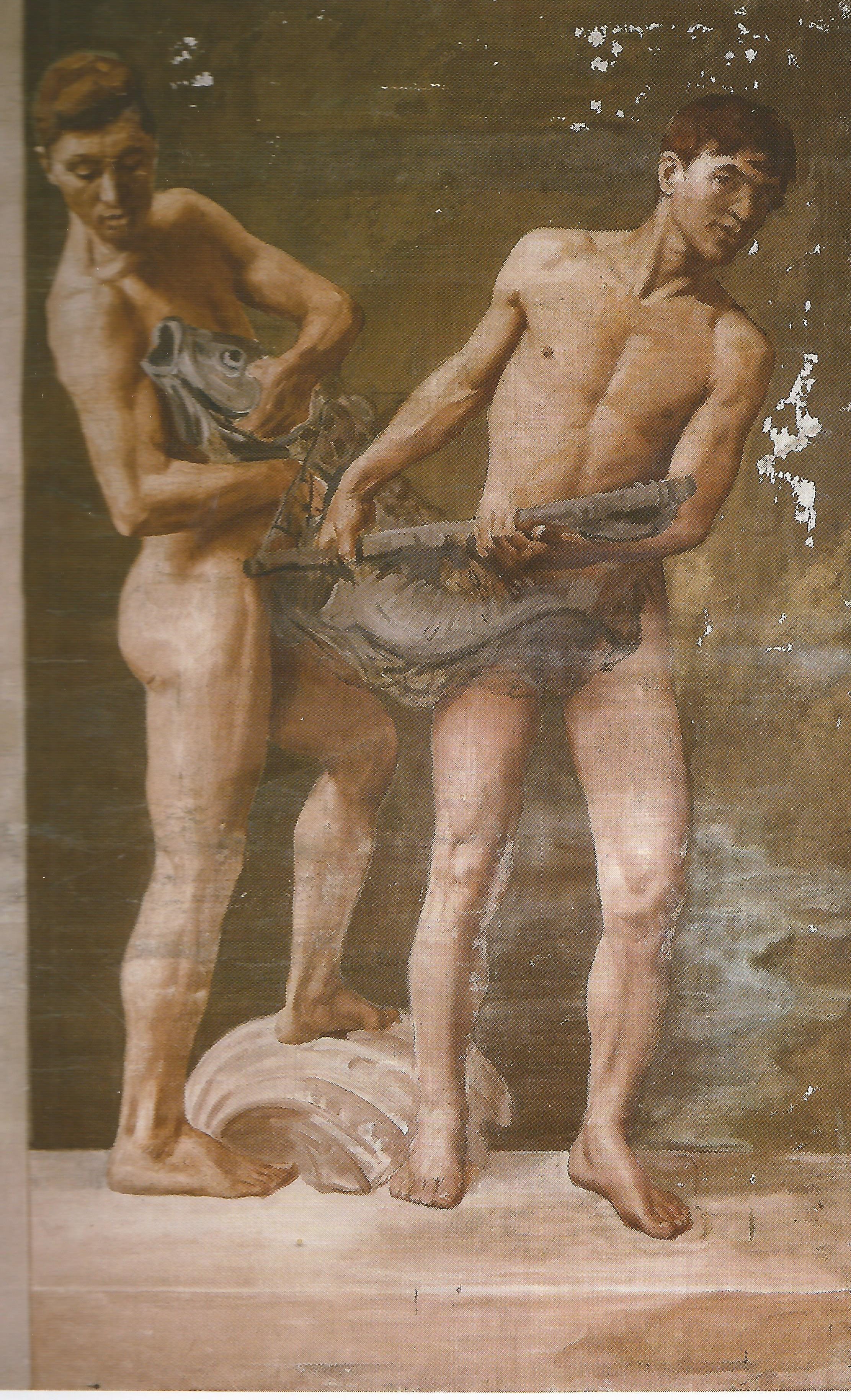 Due nudi con pesce (dipinto, elemento d'insieme) di Coromaldi Umberto (sec. XX)