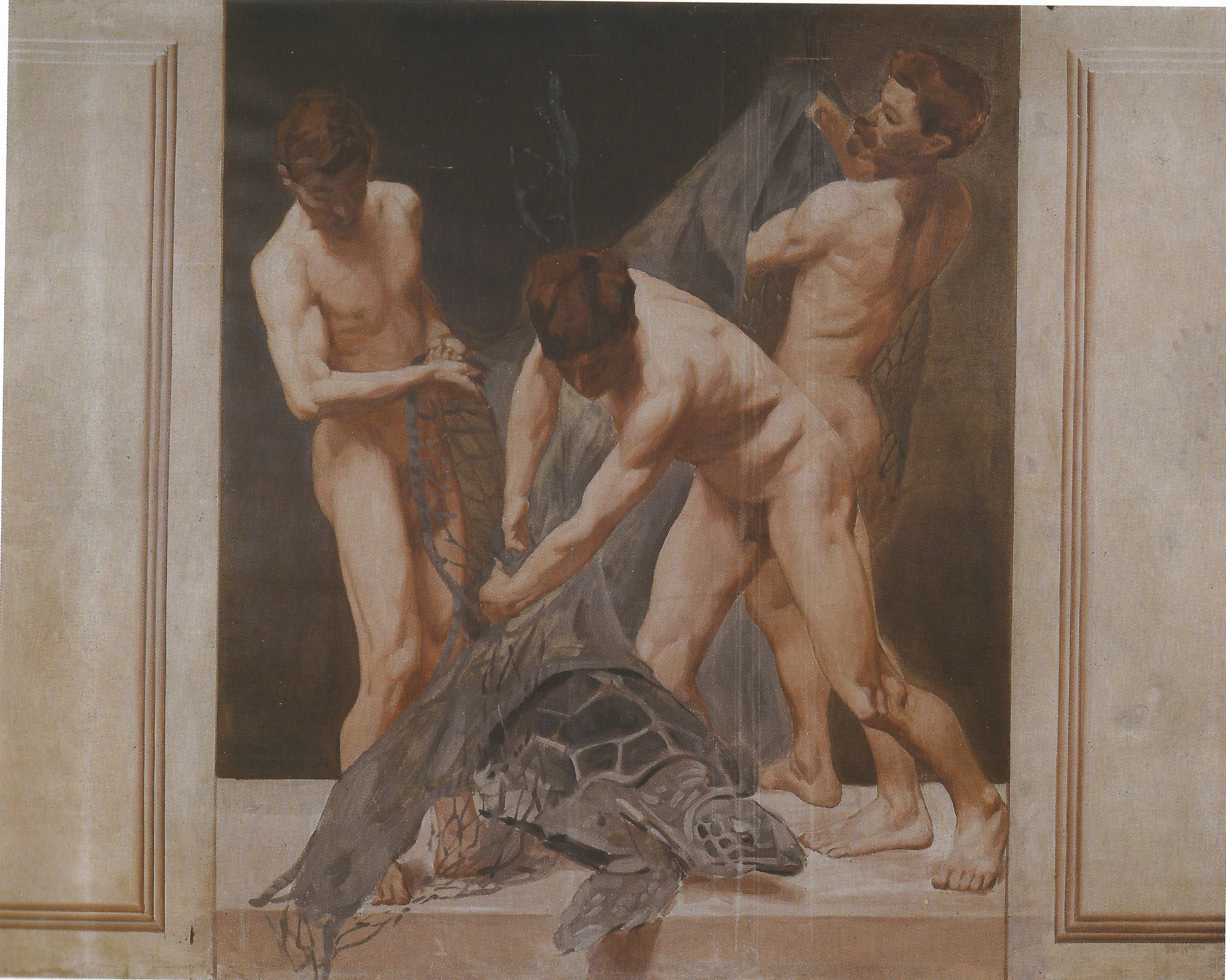 Tre figure nude con rete e tartaruga (dipinto, elemento d'insieme) di Coromaldi Umberto (sec. XX)