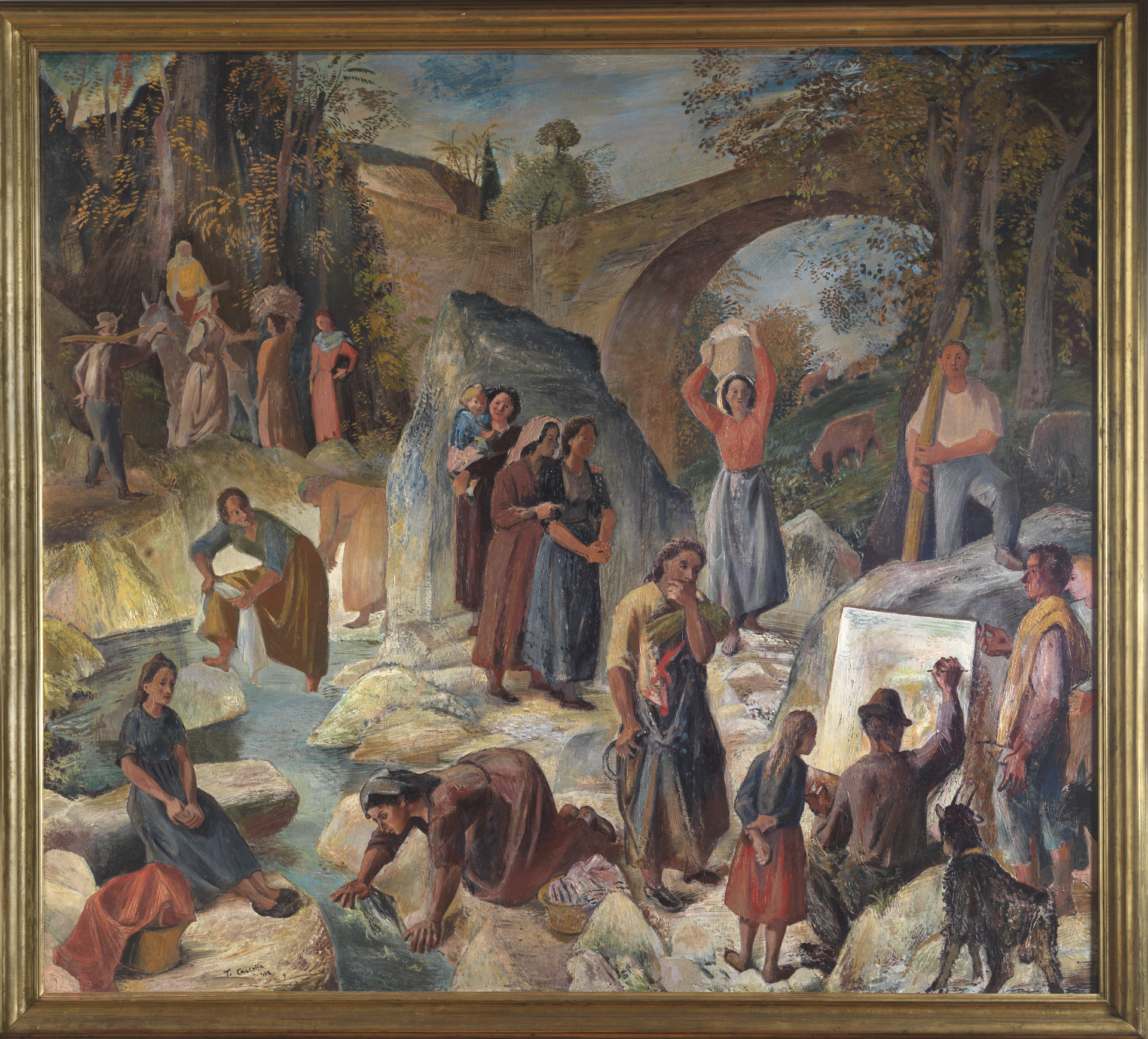 paesaggio fluviale con figure (dipinto) di Cascella Tommaso (sec. XX)