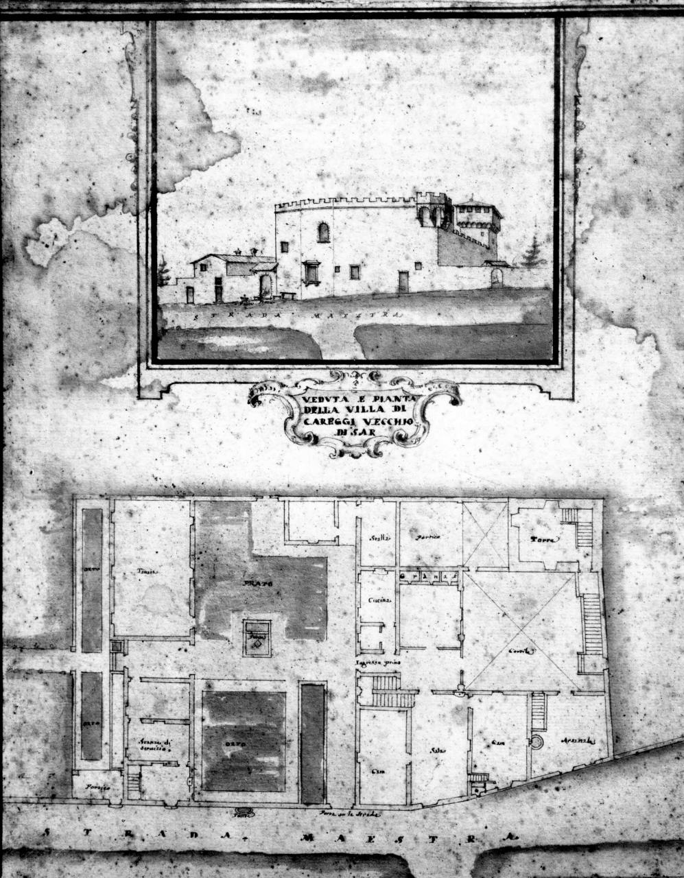 veduta e planimetria della villa medicea di Careggi (disegno) - ambito fiorentino (sec. XVIII)