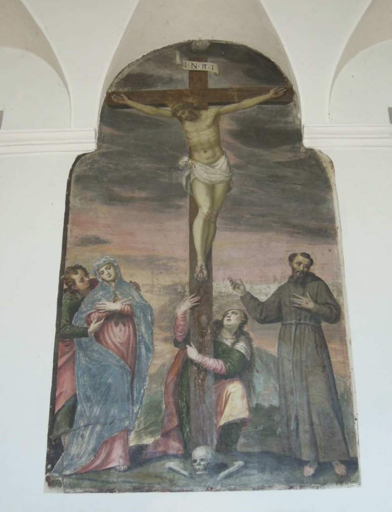 Cristo crocifisso con San Giovanni, la Madonna, Santa Maria Maddalena e San Francesco (dipinto, opera isolata) di Marone Pietro (attribuito) (inizio sec. XVII)
