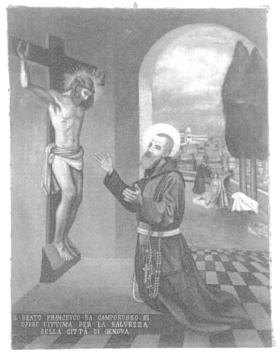 San Francesco Maria da Camporosso cappuccino in preghiera davanti al Crocifisso (dipinto, opera isolata) di Benzoni Pierina (attribuito) (XX)