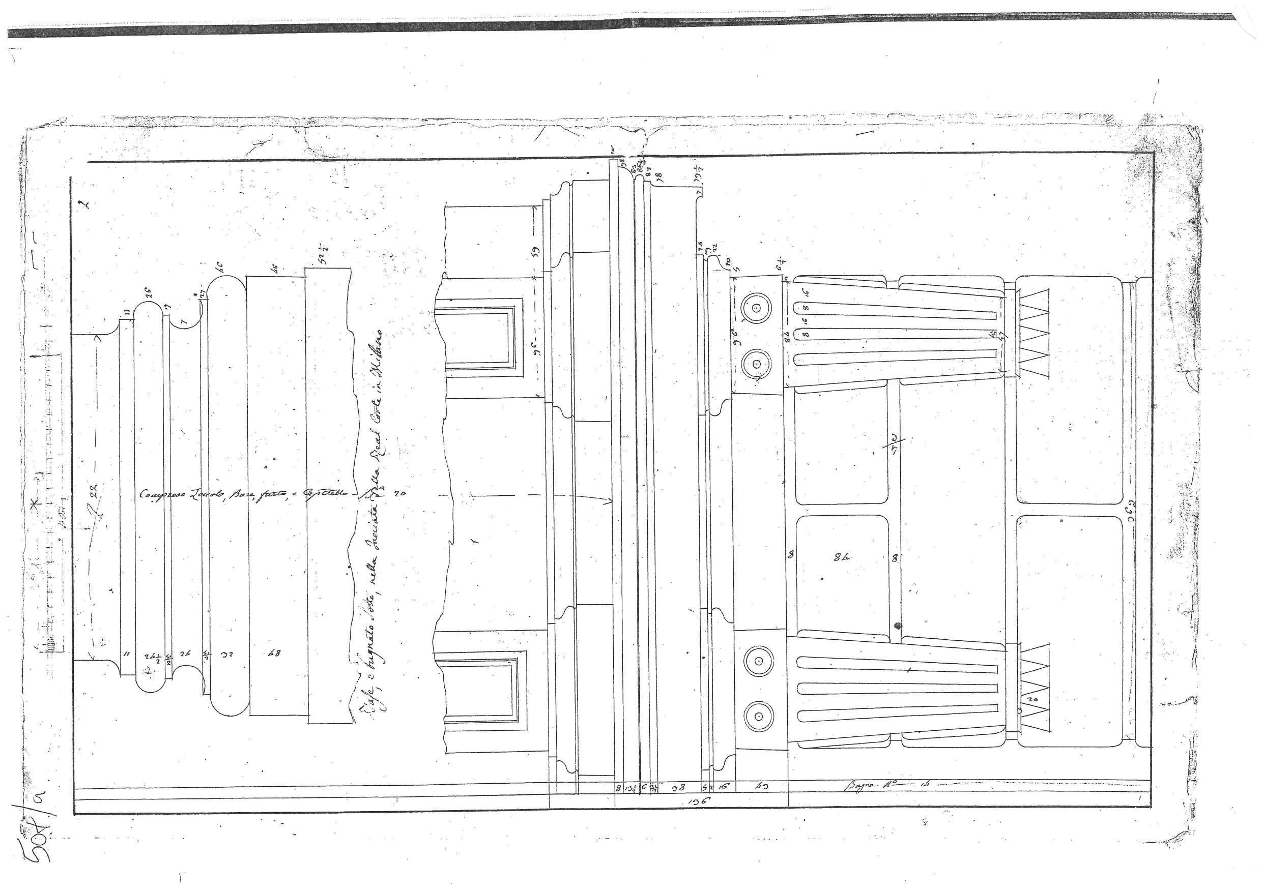 "Base, e bugnato sotto, nella facciata della Real Corte in Milano"/ "Balaustro e sagome attinenti all'ingresso nella Facciata della Real Corte in Milano", progetti architettonici per il Palazzo Reale a Milano (disegno architettonico, elemento d'insieme) di Piermarini Giuseppe (sec. XVIII)