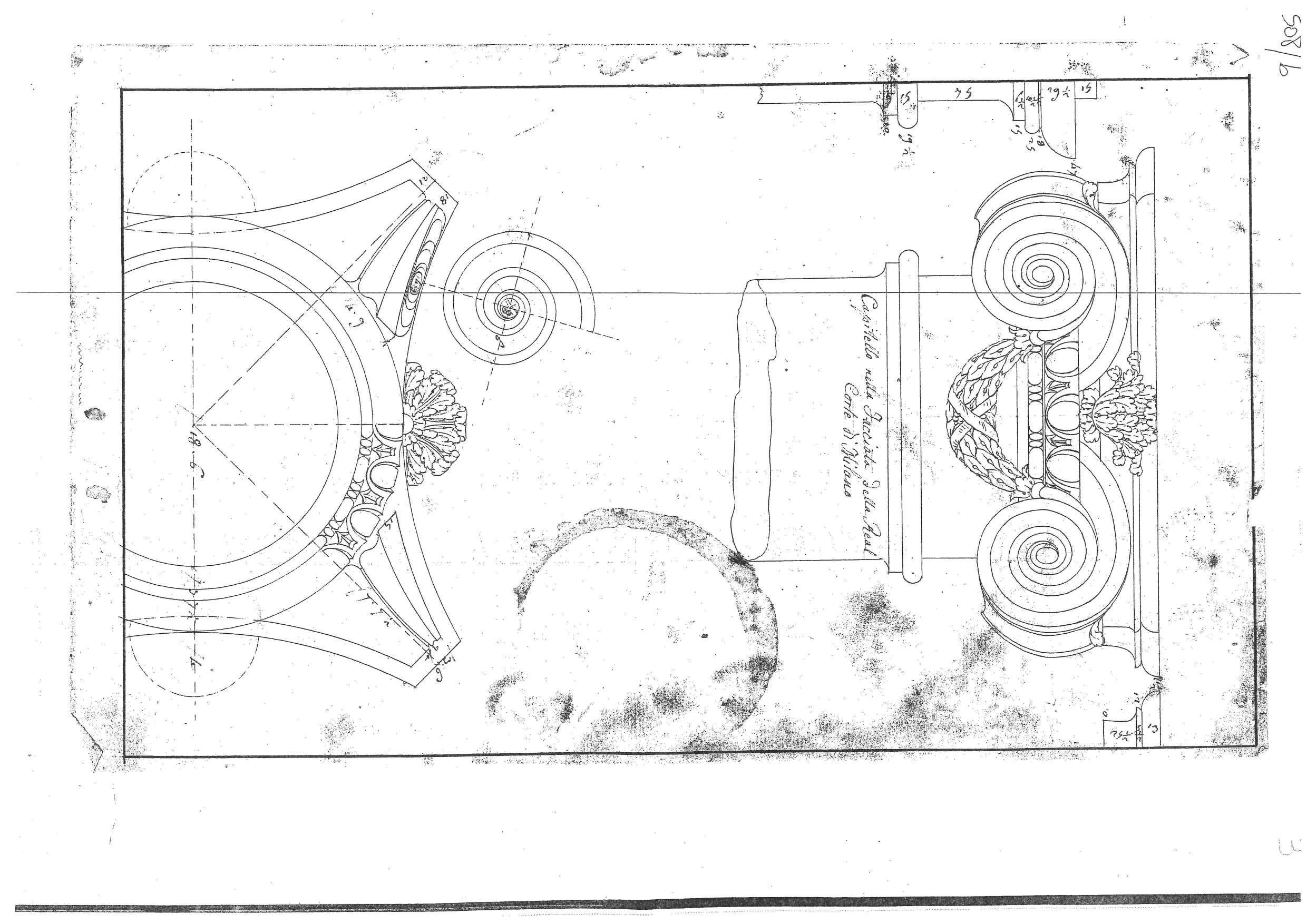 "Capitello nella Facciata della Real Corte in Milano", progetti architettonici per il Palazzo Reale di Milano (disegno architettonico, elemento d'insieme) di Piermarini Giuseppe (sec. XVIII)