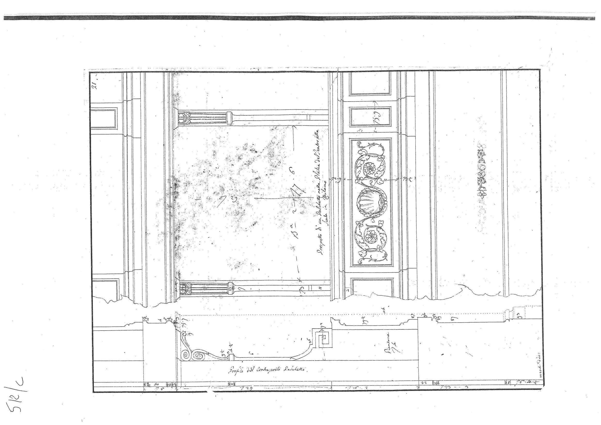 "Prospetto di un Palchetto nella Platea del Teatro alla Scala in Milano", progetto architettonico per il Teatro alla Scala di Milano (disegno architettonico, elemento d'insieme) di Piermarini Giuseppe (sec. XVIII)