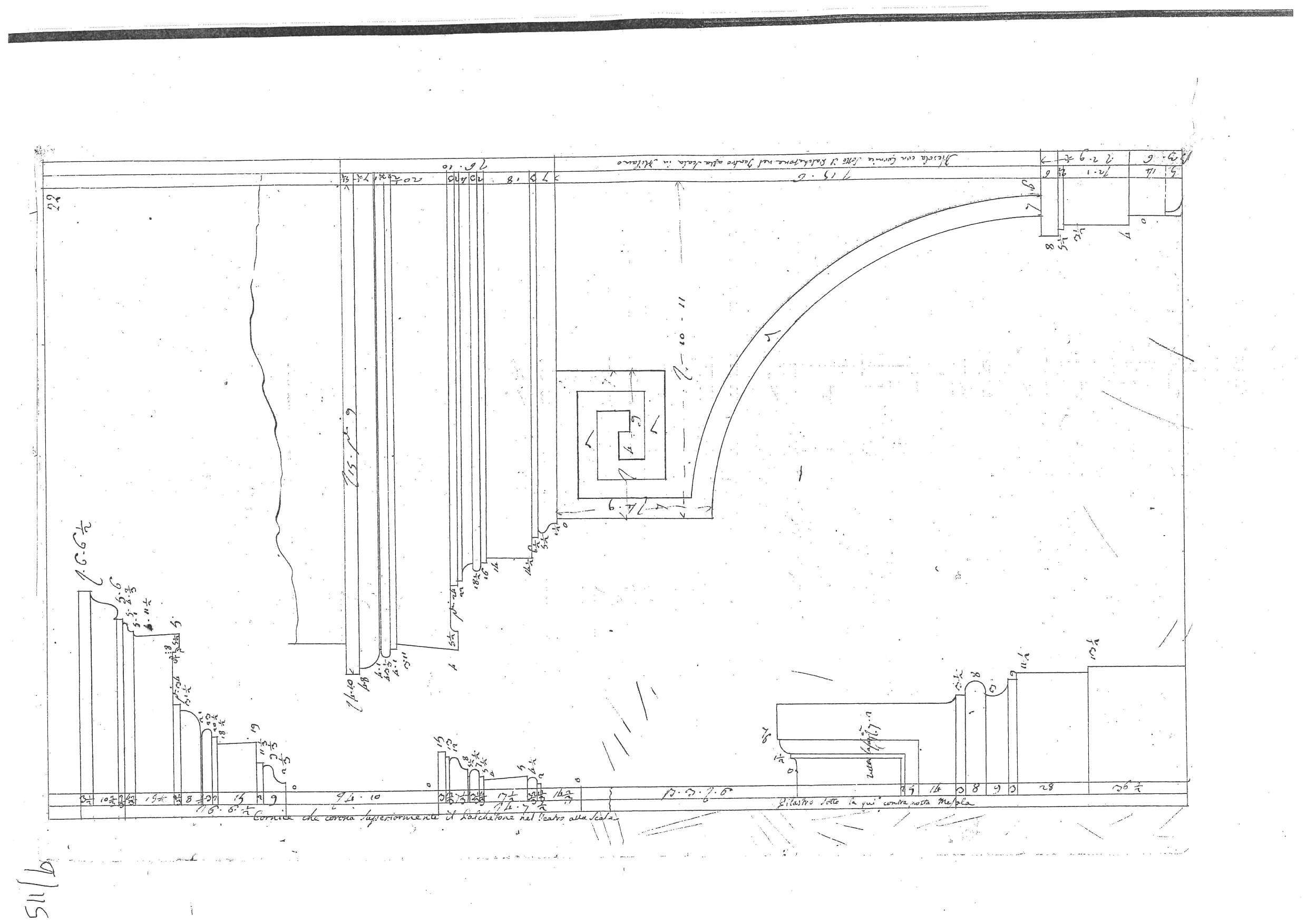 "Cornice che corona superiormente il Palchetone nel Teatro alla Scala"/ "Pilastro sotto la qui contra posta Mesola"/ "Mesola con cornice sotto il Palchetone nel Teatro alla Scala in Milano"/"Pianta del Palchetone nel Teatro alla Scala"/continua in AN, progetti architettonici per il Teatro alla Scala in Milano (disegno architettonico, elemento d'insieme) di Piermarini Giuseppe (sec. XVIII)