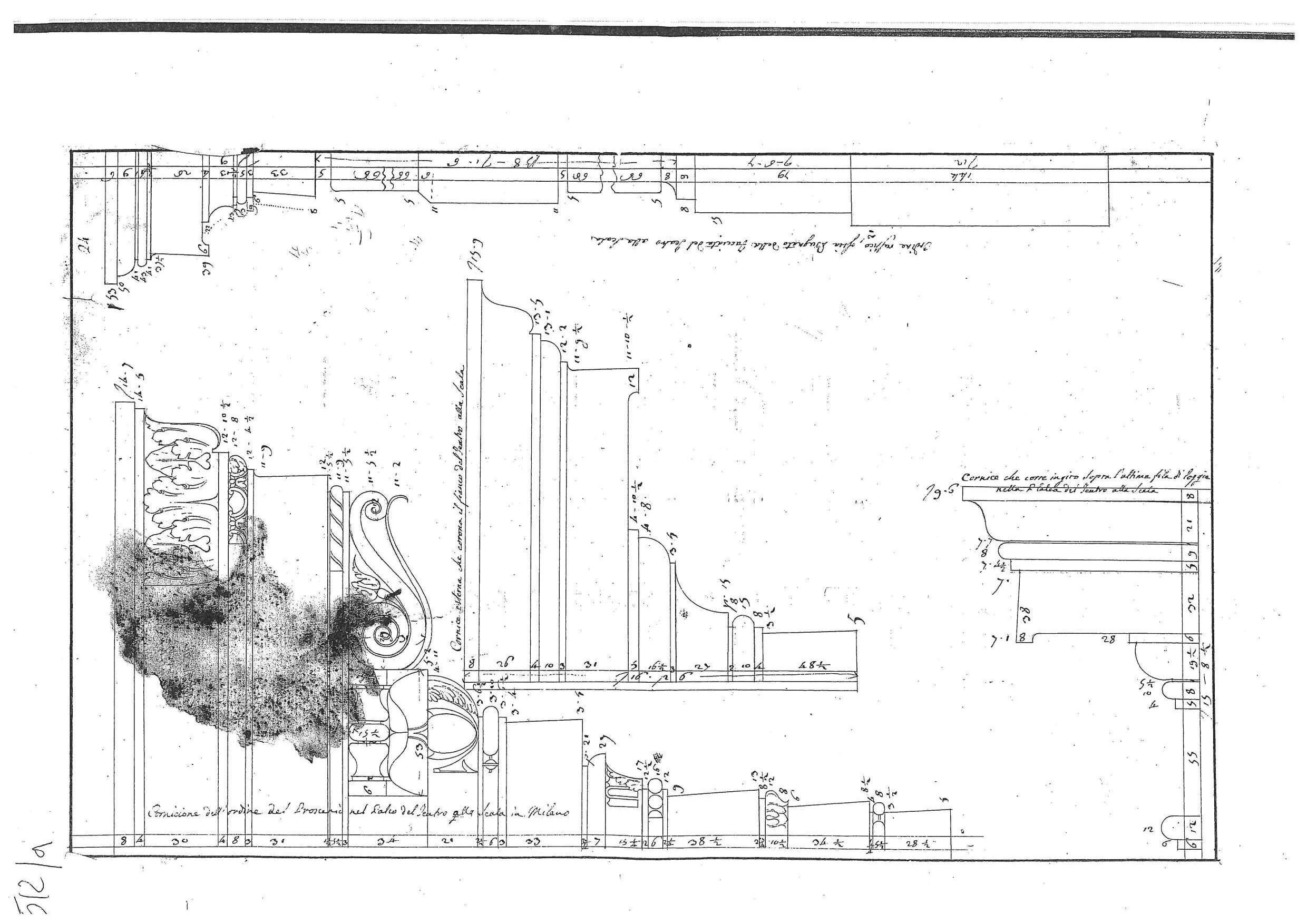 "Cornicione dell'ordine del Proscenio nel Palco del Teatro alla Scala in Milano"/ "Cornice che corre in giro sopra l'ultima fila di loggia nella Platea del Teatro alla Scala"/ "Ordine rustico, ossia bugnato della facciata del Teatro alla Scala", progetti architettonici per il Teatro alla Scala di Milano (disegno architettonico, elemento d'insieme) di Piermarini Giuseppe (sec. XVIII)