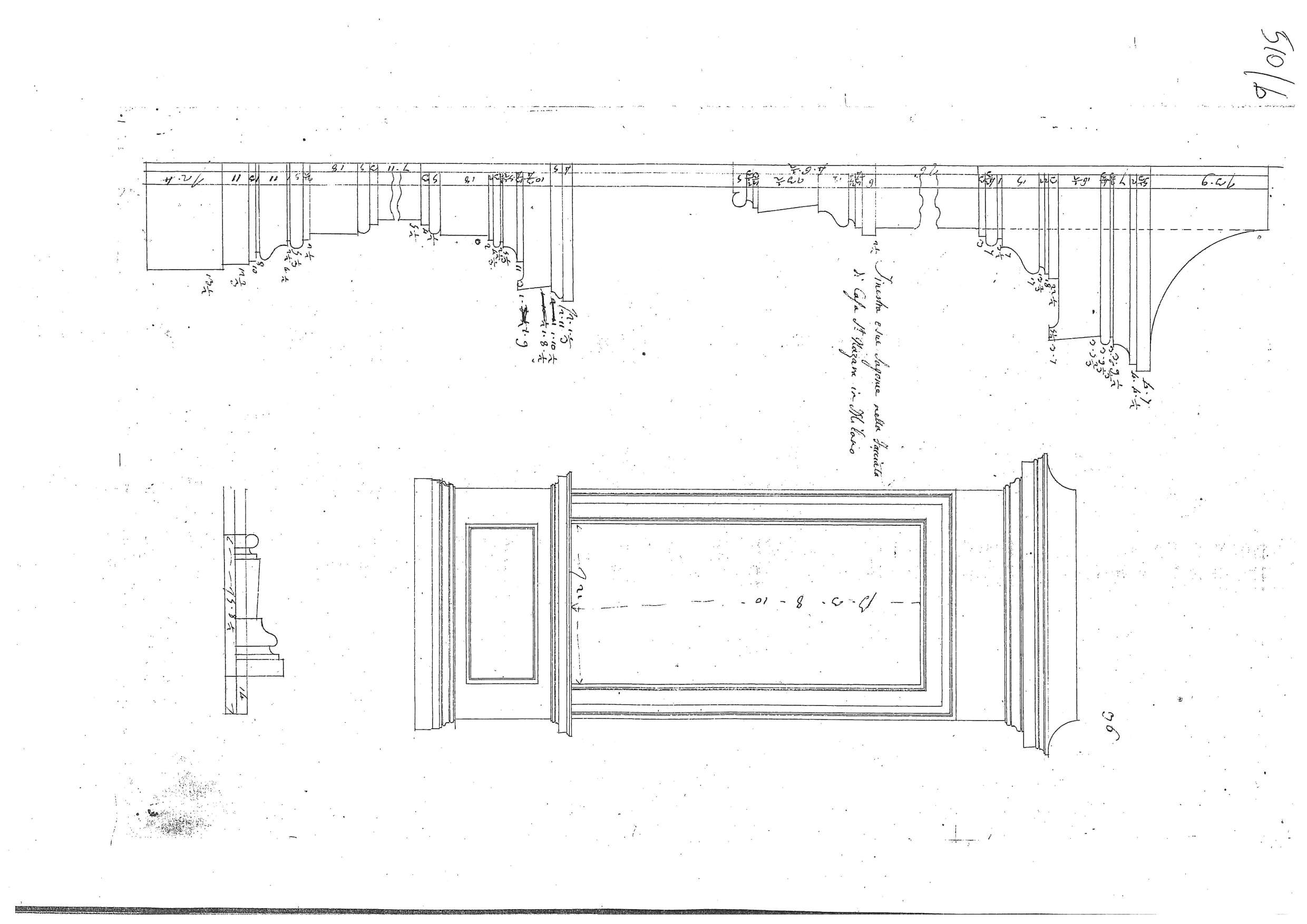 "Finestra e sue Sagome nella Facciata di Casa St. Nazara in Milano"/ "Cornicione e Balaustro nella Facciata di Casa St. Nazara a Milano", progetti architettonici per palazzo San Nazara di Milano (disegno architettonico, elemento d'insieme) di Piermarini Giuseppe (sec. XVIII)