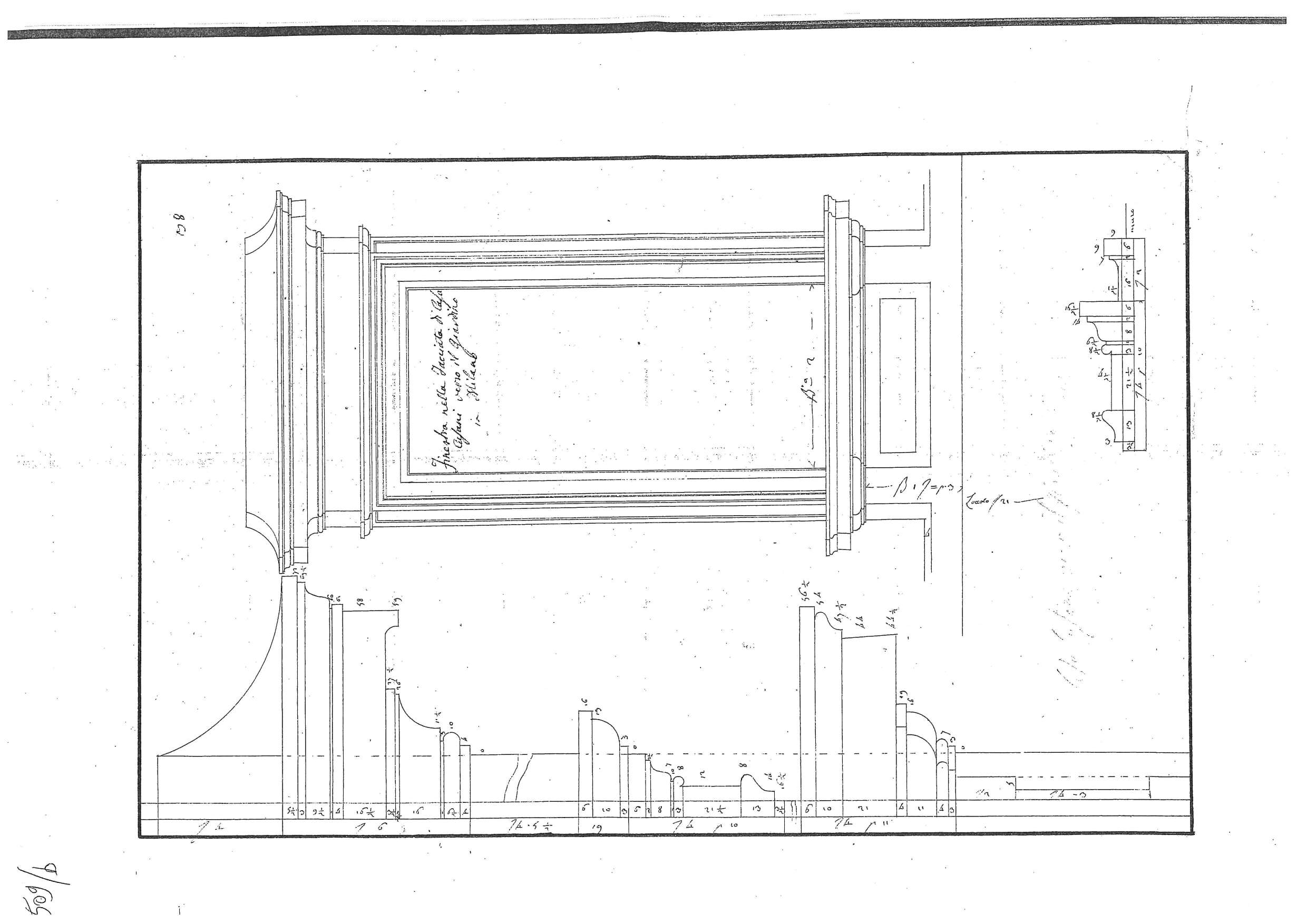 "Finestra nella Facciata di Casa Cusani verso il giardino in Milano", progetti architettonici per Palazzo Cusani di Milano (disegno architettonico, elemento d'insieme) di Piermarini Giuseppe (sec. XVIII)