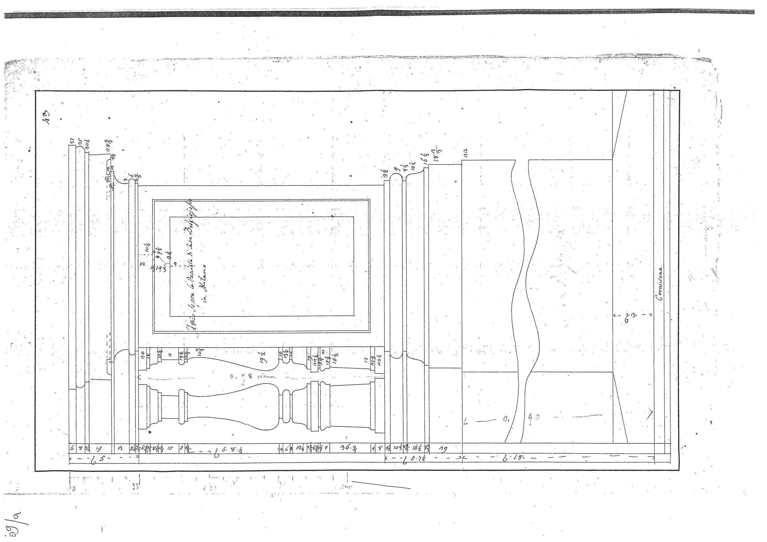 "Attico sopra la Facciata di Casa Belgiojoso in Milano"/ "Cornicione della Facciata di Casa Belgiojoso in Milano"/ "Finestra e Sagoma allineati nella Facciata di Casa Belgiojoso in Milano", progetti architettonici per palazzo Belgiojoso di Milano (disegno architettonico, elemento d'insieme) di Piermarini Giuseppe (sec. XVIII)