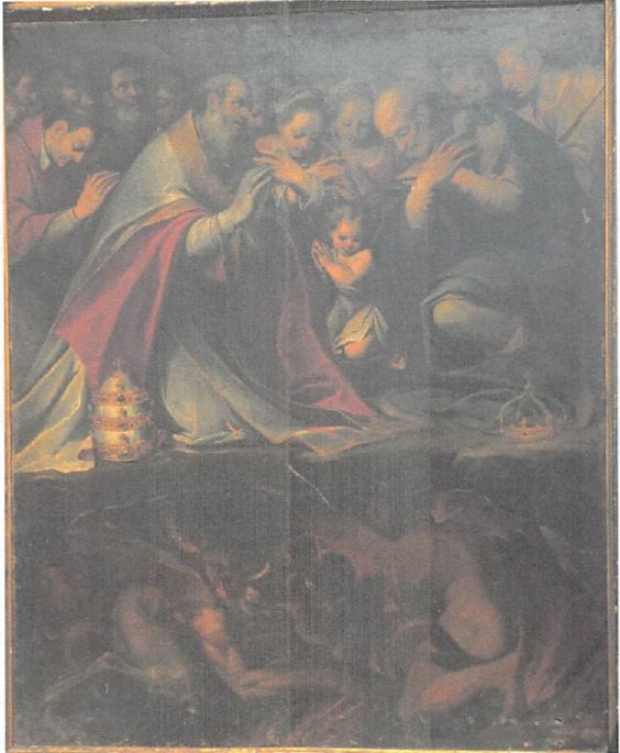 santi in adorazione e raffigurazione dell'Inferno (dipinto, opera isolata) di Procaccini Camillo (attribuito) (sec. XVI)