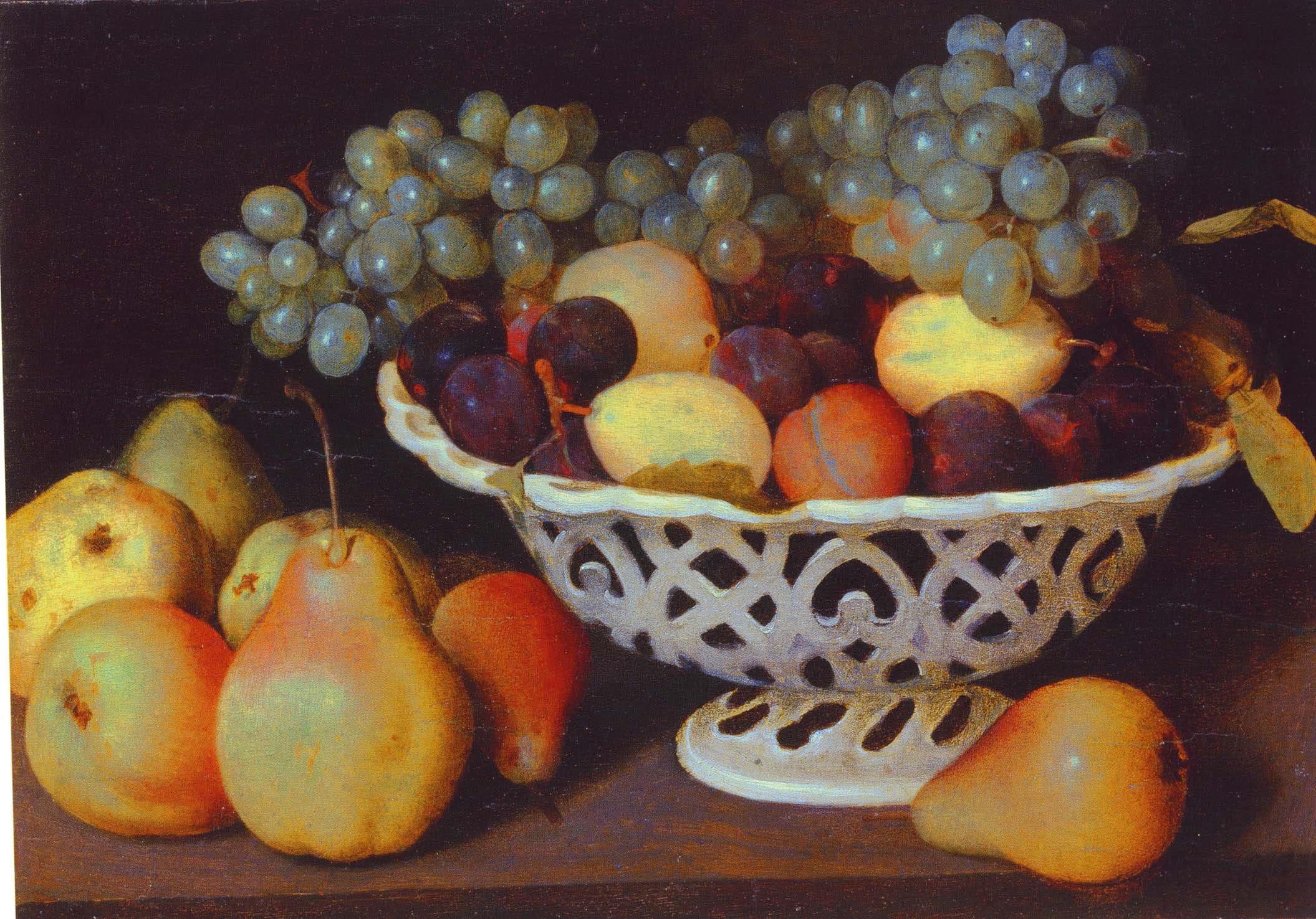 cesto in ceramica con uva, prugne e pere (dipinto, opera isolata) di Galizia Fede (sec. XVII)