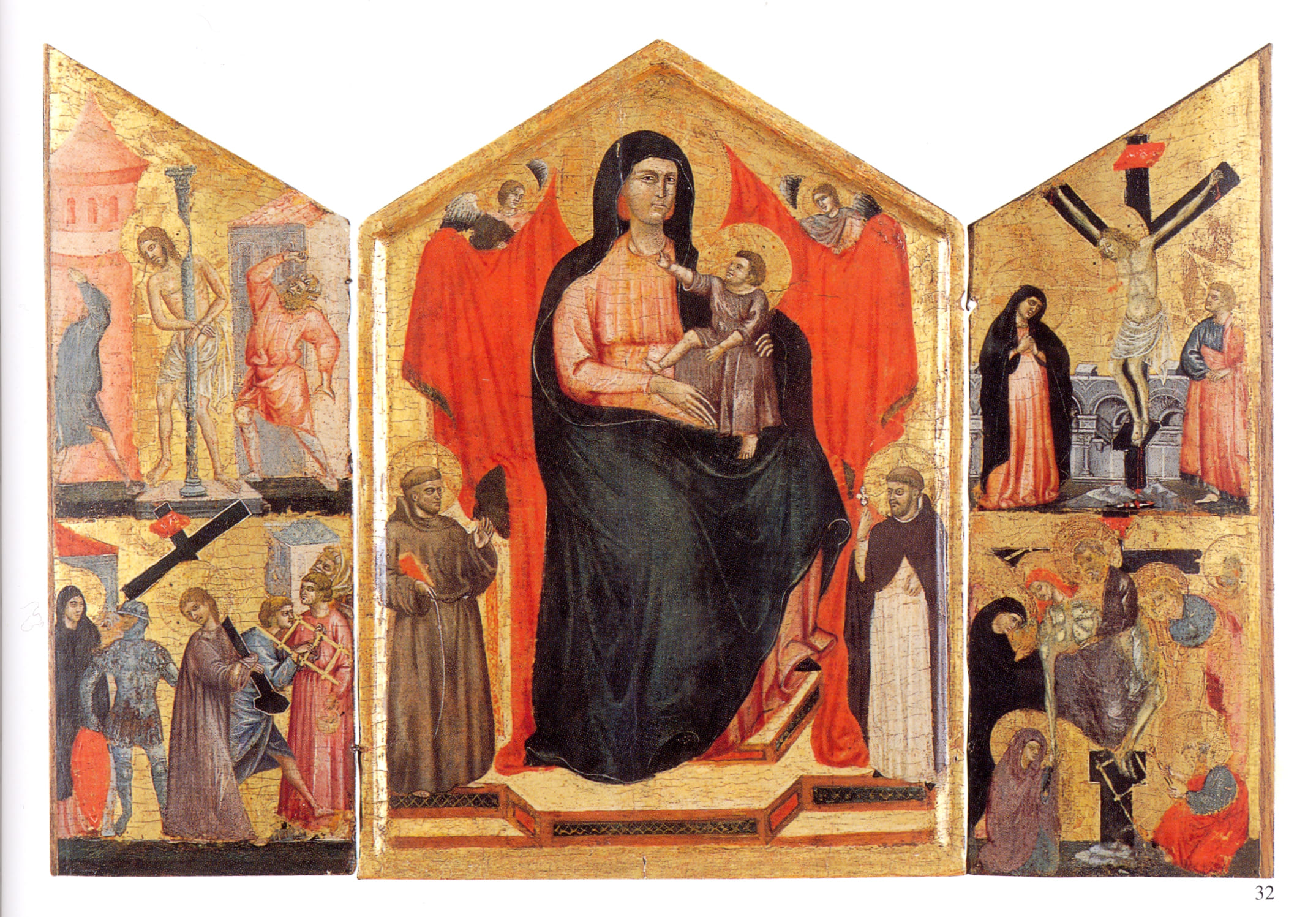 Madonna con Bambino seduta in trono fra due angeli e i Santi Francesco e Domenico/ Flagellazione/ Salita al Calvario/ Crocifissione/ Deposizione dalla croce (altare portatile, opera isolata) di Maestro di San Gaggio (secc. XIII/ XIV)