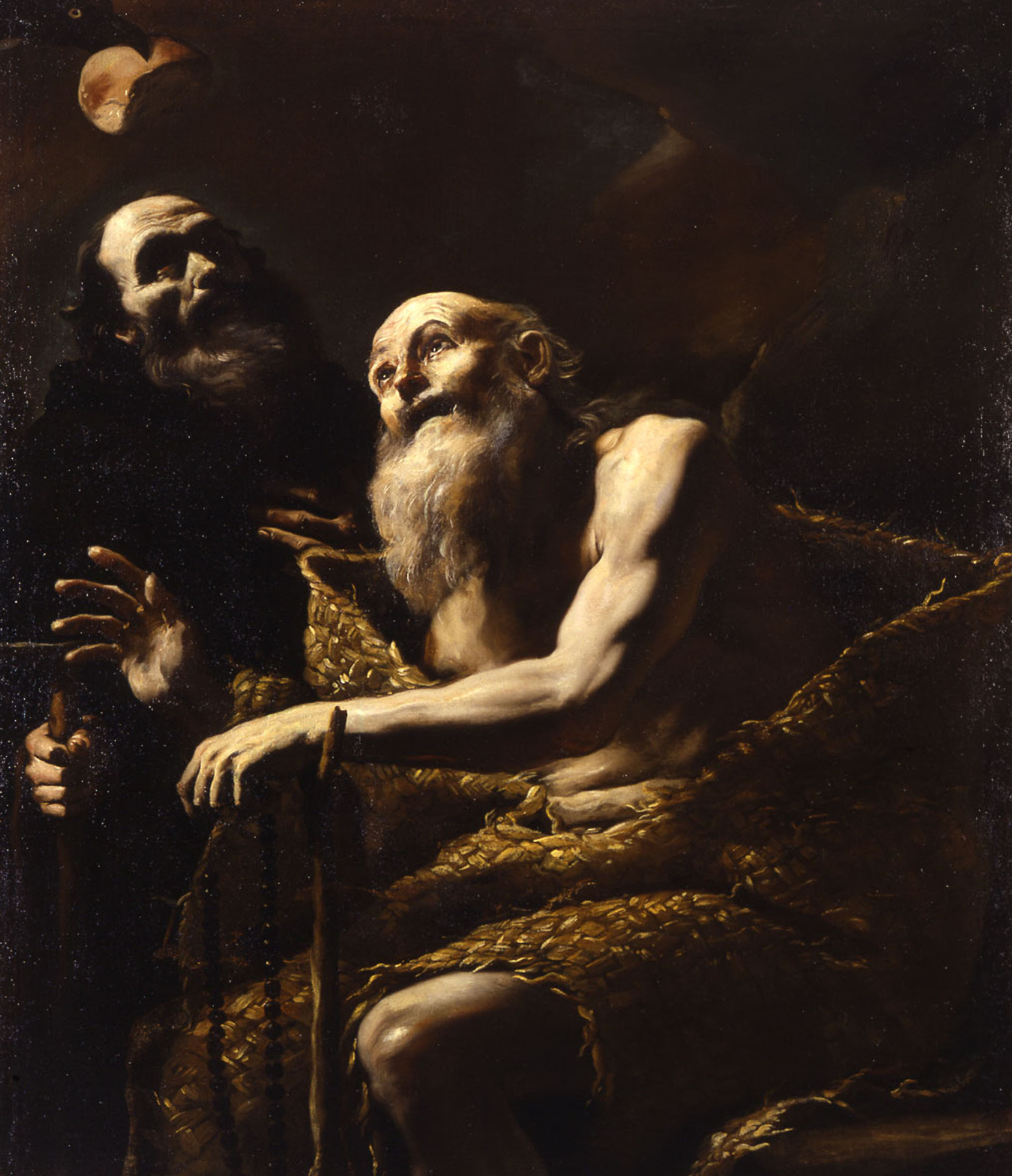 visita di Sant'Antonio a San Paolo eremita e il miracolo del corvo (dipinto, opera isolata) di Preti Mattia (sec. XVII)
