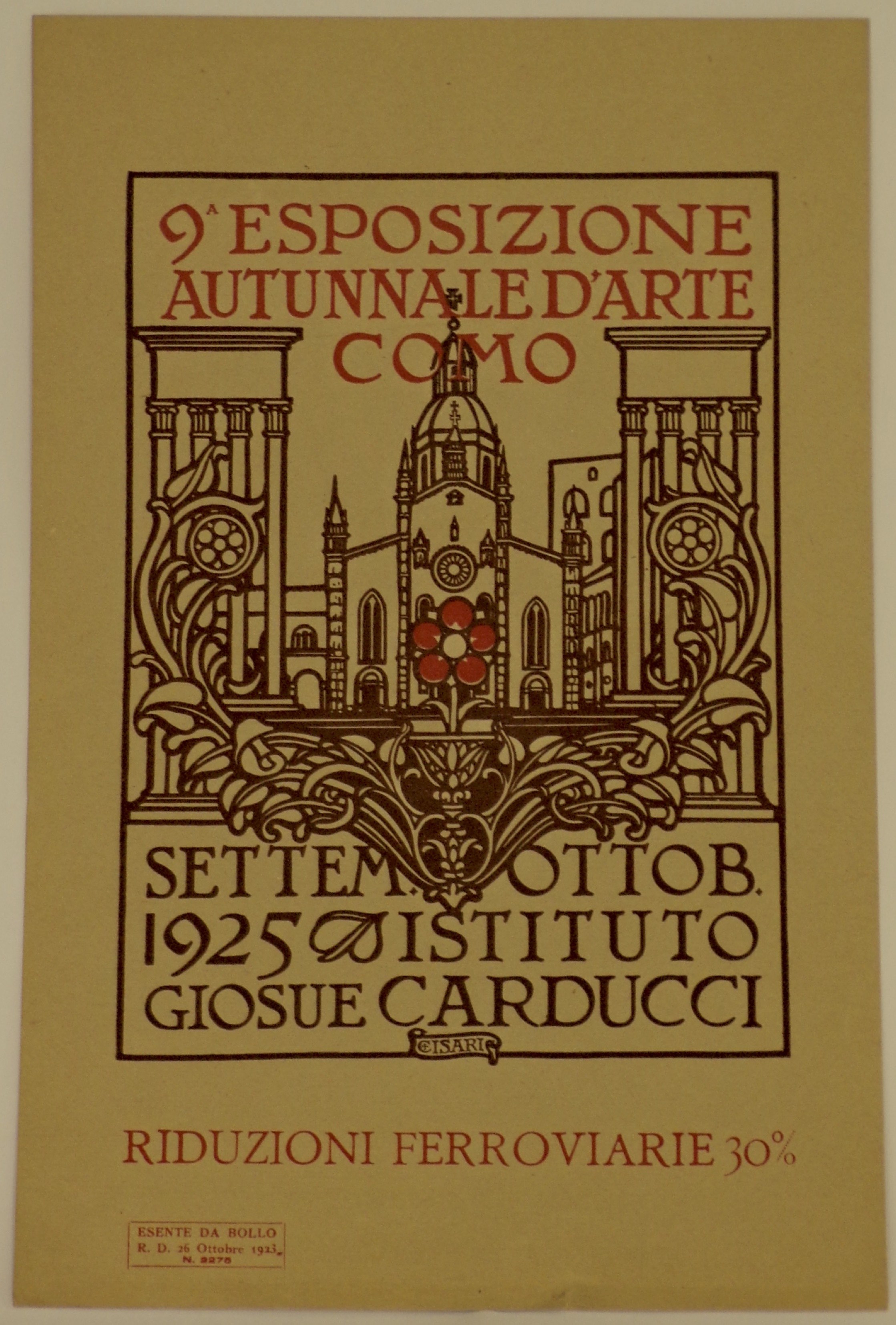 9a esposizione autunnale d'arte Como, Motivo decorativo floreale in primo piano e veduta di Como sullo sfondo: tra due ali di colonnato ionico, facciata e cupola del Duomo di S. Maria Assunta, Porta Torre (locandina) di Cisari Giulio - ambito lombardo (primo quarto XX)