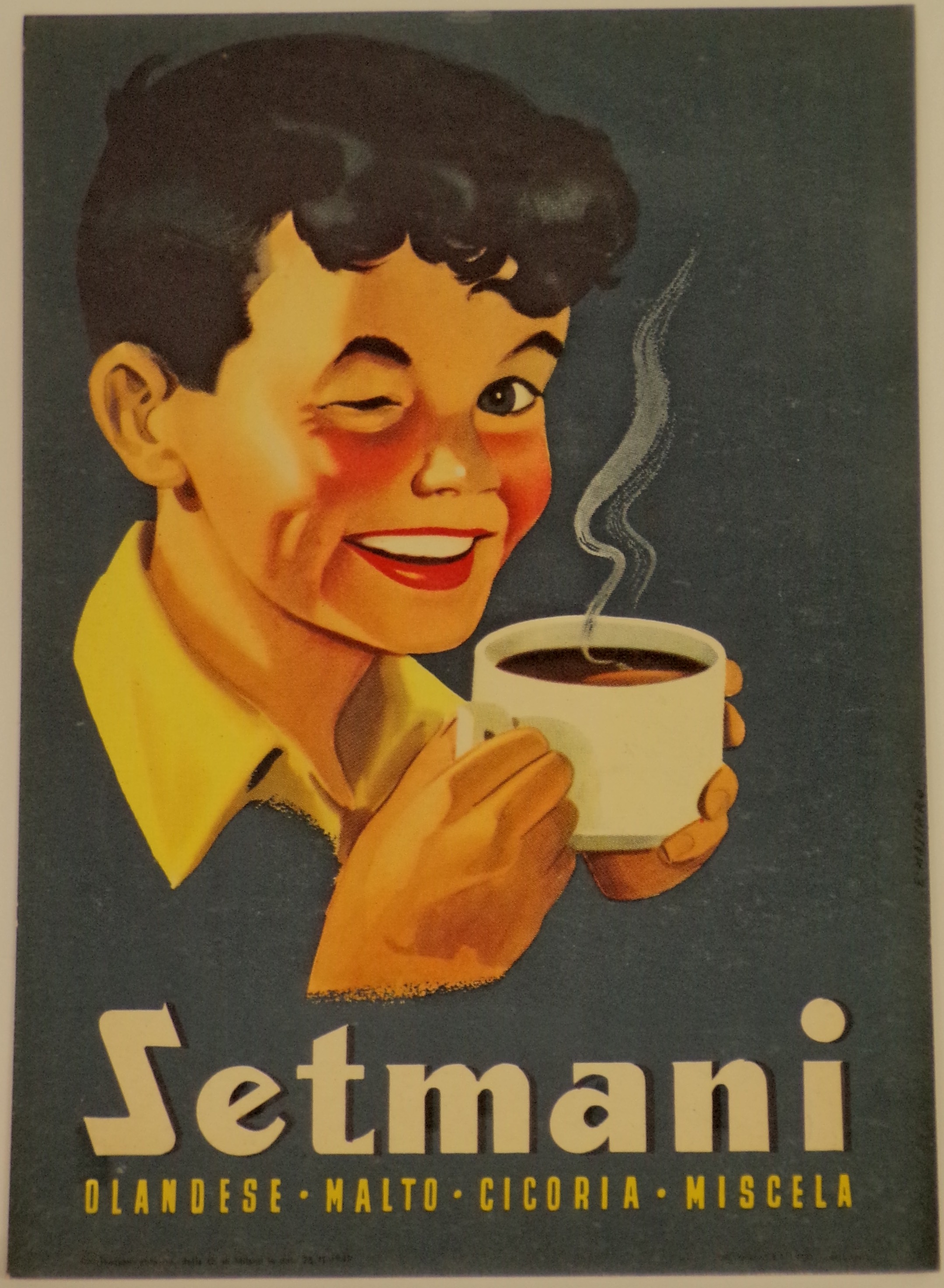 Setmani olandese - malto - cicoria - miscela, Ragazzino con tazza di miscela Setmani strizza l'occhio allo spettatore (locandina) di Massaro Emilio - ambito milanese (metà XX)