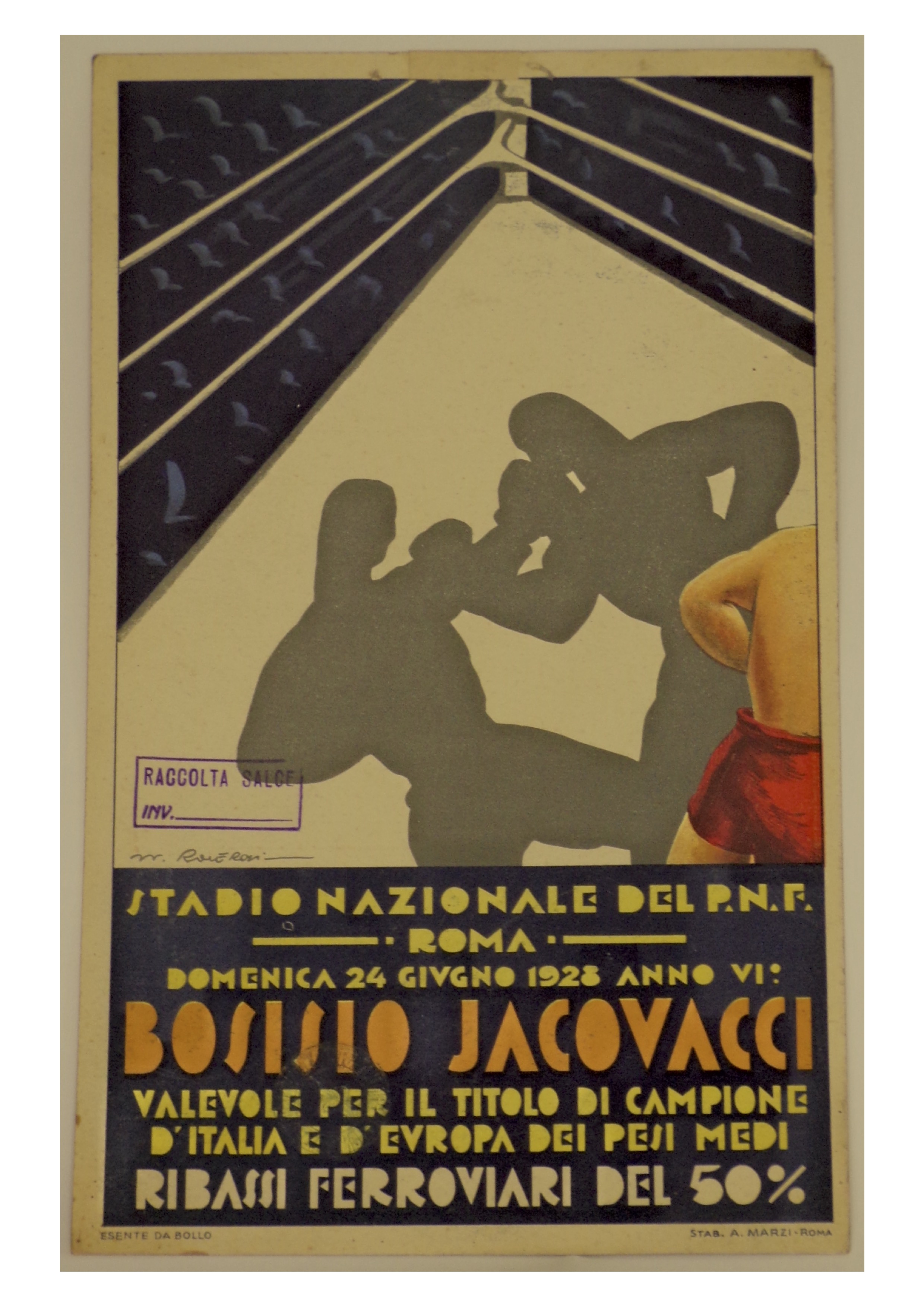 Domenica 24 giugno 1928 anno VI Bosisio Jacovacci, Angolo di ring con ombre di due pugili uno dei quali visibile di schiena in basso a destra. Sullo sfondo, il pubblico in ombra (locandina) di Roveroni Walter - ambito romano (secondo quarto XX)