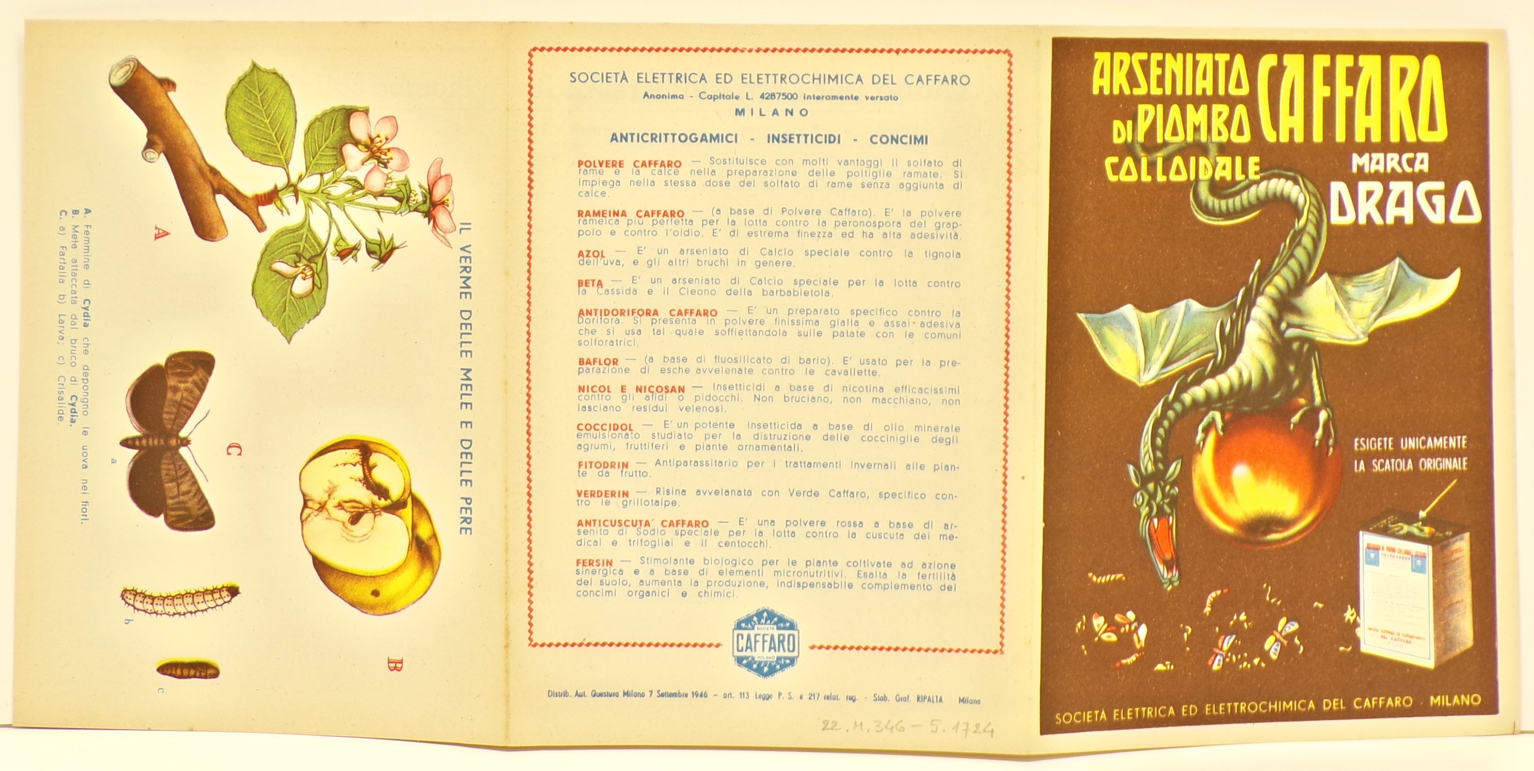 Arseniato di piombo colloidale Caffaro marca Drago, Drago ruggente ad ali spiegate aggrappato a una pesca, corpi di farfalle e bruchi morti e una confezione di Arseniato di Piombo colloidale Caffaro (volantino) - ambito milanese (metà XX)
