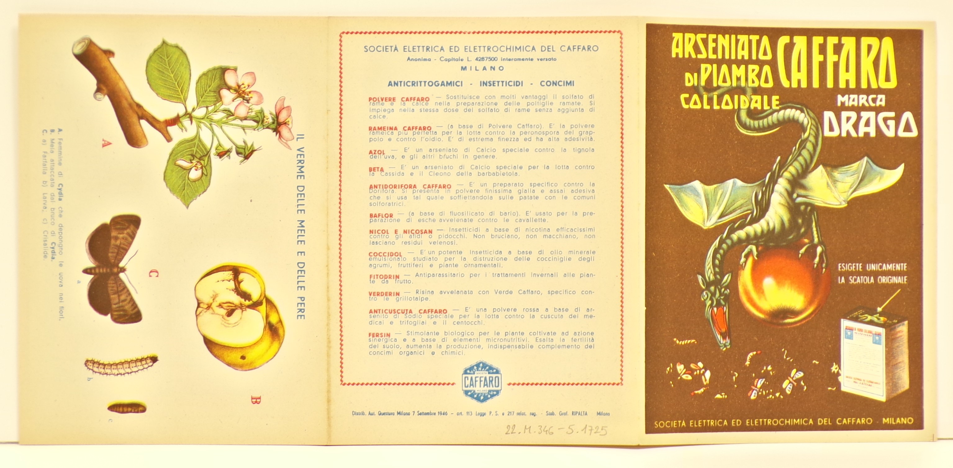 Arseniato di piombo colloidale Caffaro marca Drago, Drago ruggente ad ali spiegate aggrappato a una pesca, corpi di farfalle e bruchi morti e una confezione di Arseniato di Piombo colloidale Caffaro (volantino) - ambito milanese (metà XX)
