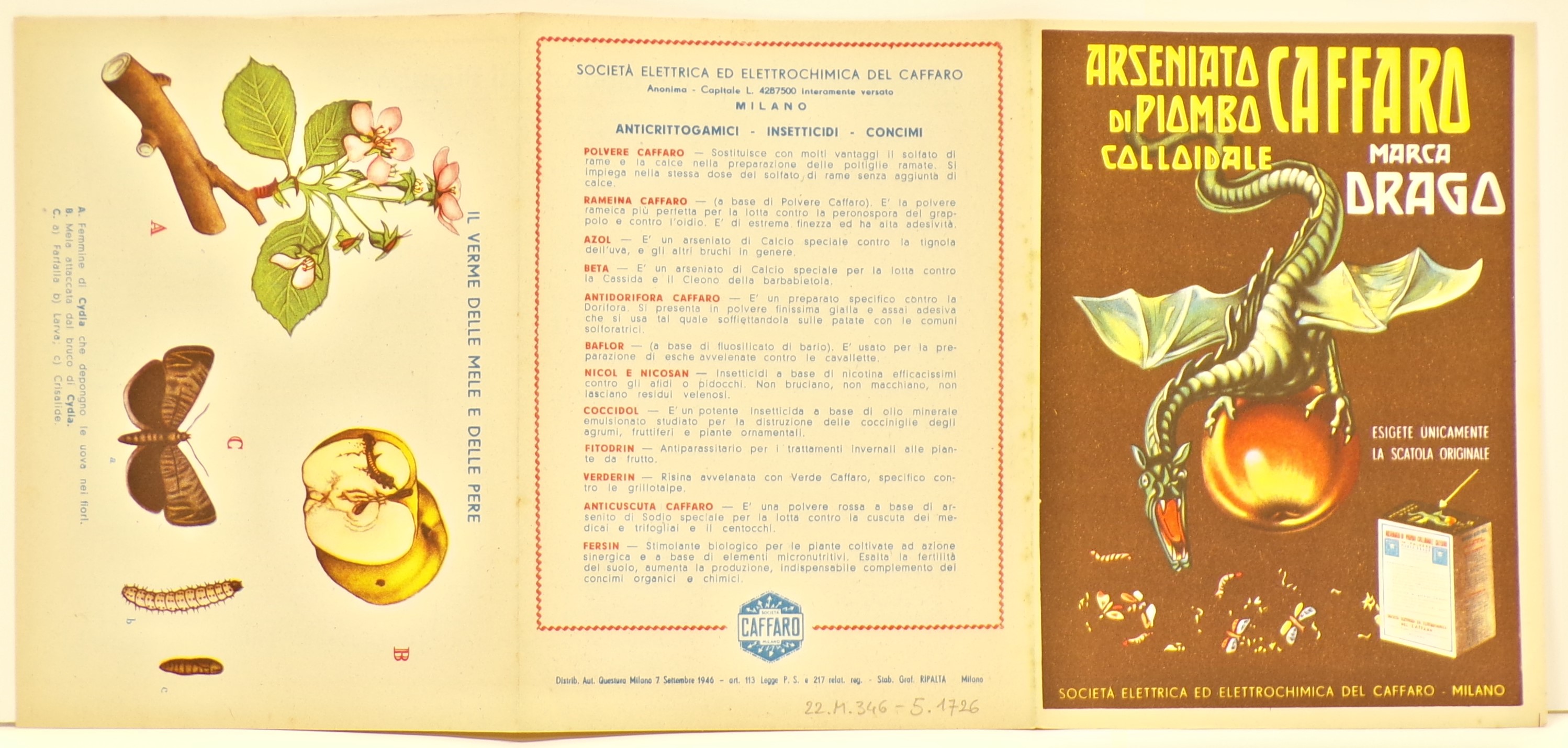 Arseniato di piombo colloidale Caffaro marca Drago, Drago ruggente ad ali spiegate aggrappato a una pesca, corpi di farfalle e bruchi morti e una confezione di Arseniato di Piombo colloidale Caffaro (volantino) - ambito milanese (metà XX)
