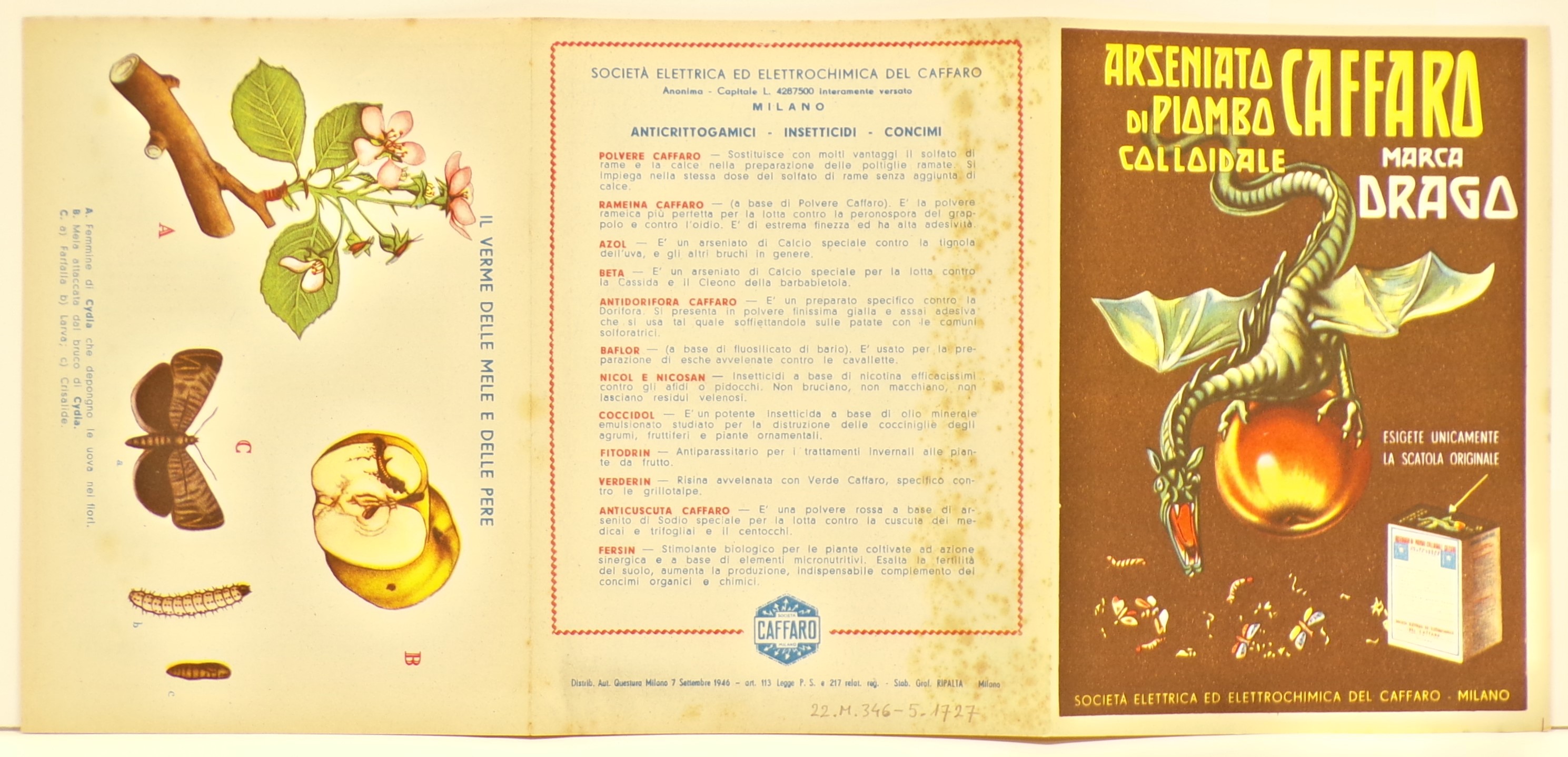 Arseniato di piombo colloidale Caffaro marca Drago, Drago ruggente ad ali spiegate aggrappato a una pesca, corpi di farfalle e bruchi morti e una confezione di Arseniato di Piombo colloidale Caffaro (volantino) - ambito milanese (metà XX)