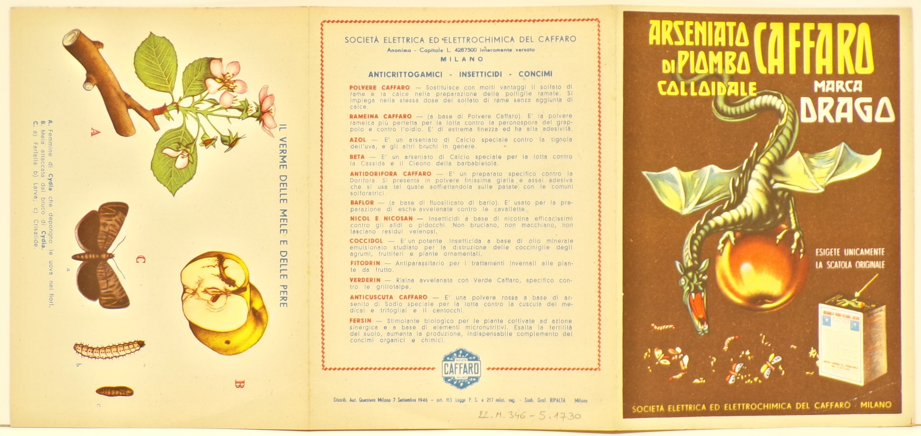 Arseniato di piombo colloidale Caffaro marca Drago, Drago ruggente ad ali spiegate aggrappato a una pesca, corpi di farfalle e bruchi morti e una confezione di Arseniato di Piombo colloidale Caffaro (volantino) - ambito milanese (metà XX)