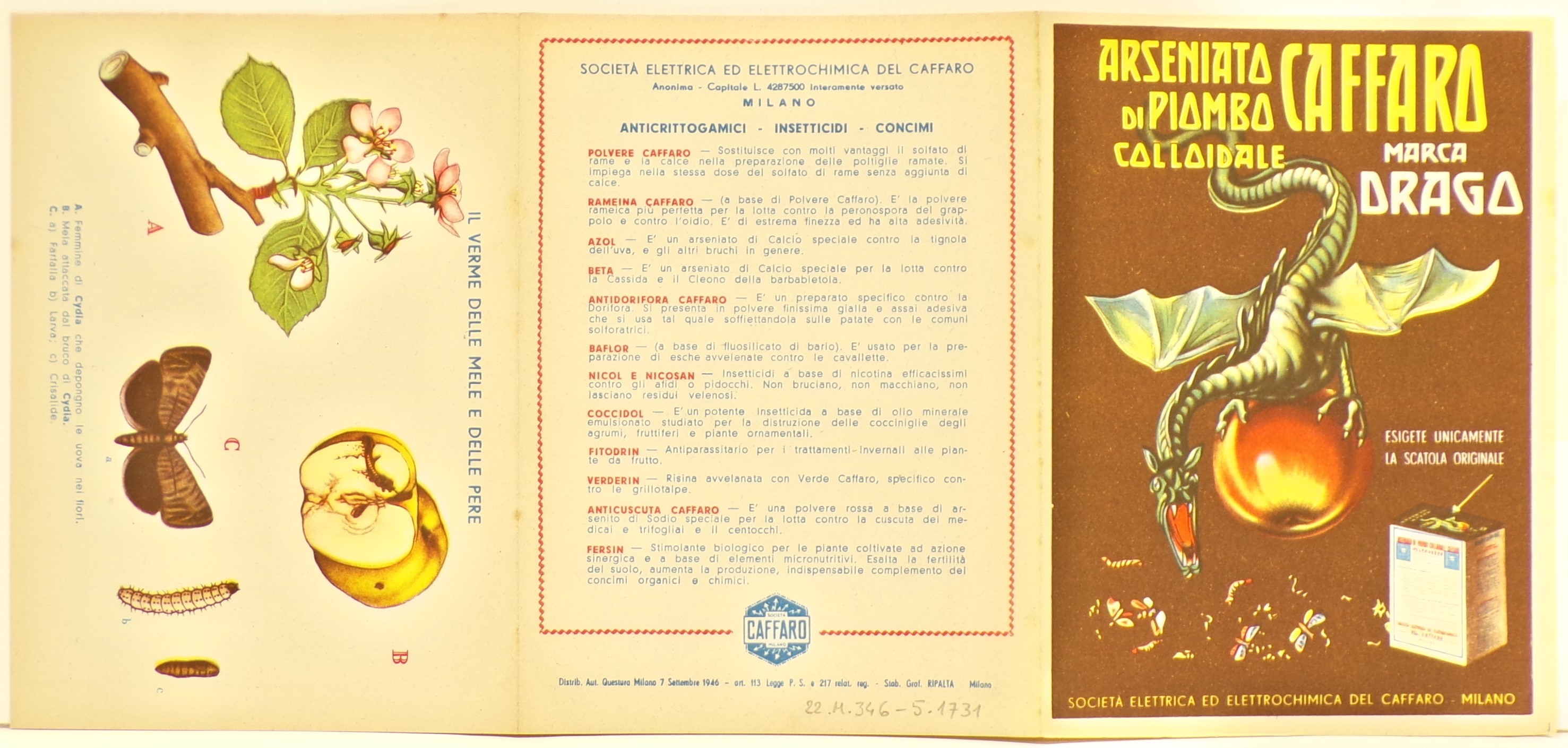 Arseniato di piombo colloidale Caffaro marca Drago, Drago ruggente ad ali spiegate aggrappato a una pesca, corpi di farfalle e bruchi morti e una confezione di Arseniato di Piombo colloidale Caffaro (volantino) - ambito milanese (metà XX)