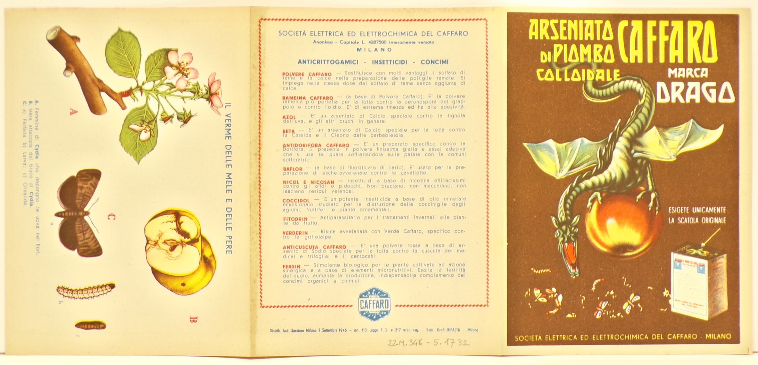Arseniato di piombo colloidale Caffaro marca Drago, Drago ruggente ad ali spiegate aggrappato a una pesca, corpi di farfalle e bruchi morti e una confezione di Arseniato di Piombo colloidale Caffaro (volantino) - ambito milanese (metà XX)