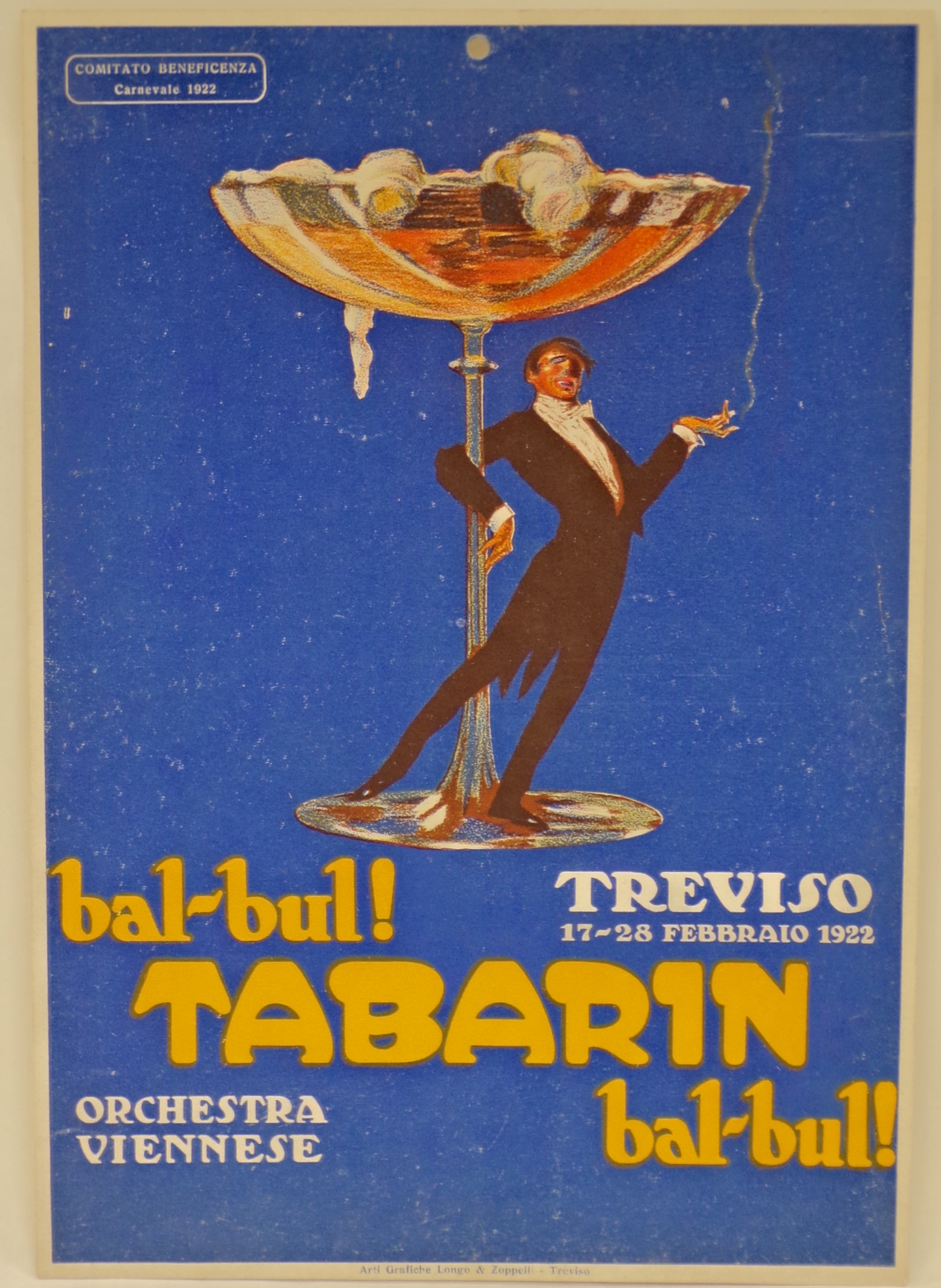 bal-bul! Tabarin bal-bul!, uomo elegante in frac disinvoltamente aggrappato allo stelo di una coppa di champagne (locandina) - ambito trevigiano (primo quarto XX)