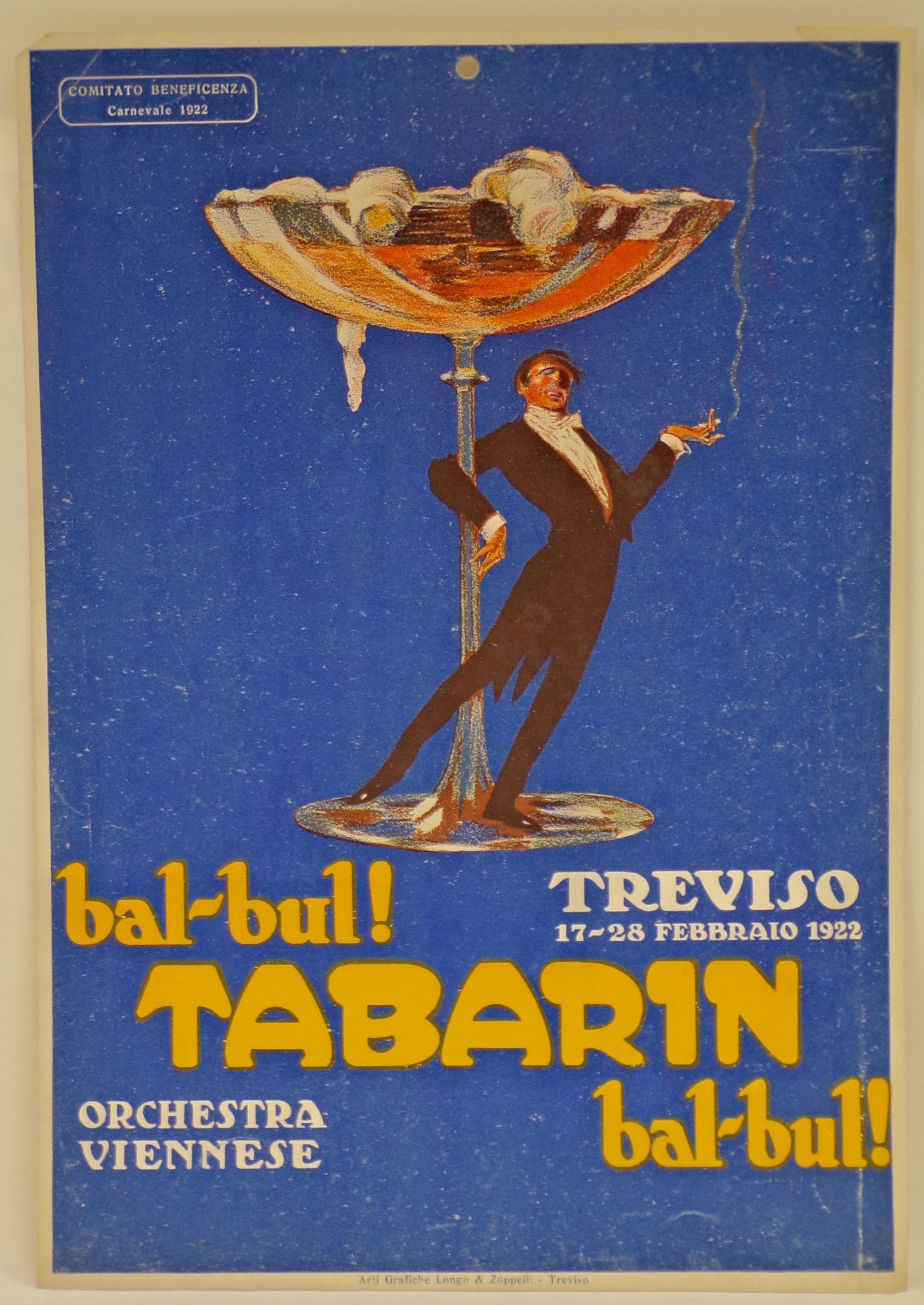 bal-bul! Tabarin bal-bul!, uomo elegante in frac disinvoltamente aggrappato allo stelo di una coppa di champagne (locandina) - ambito trevigiano (primo quarto XX)