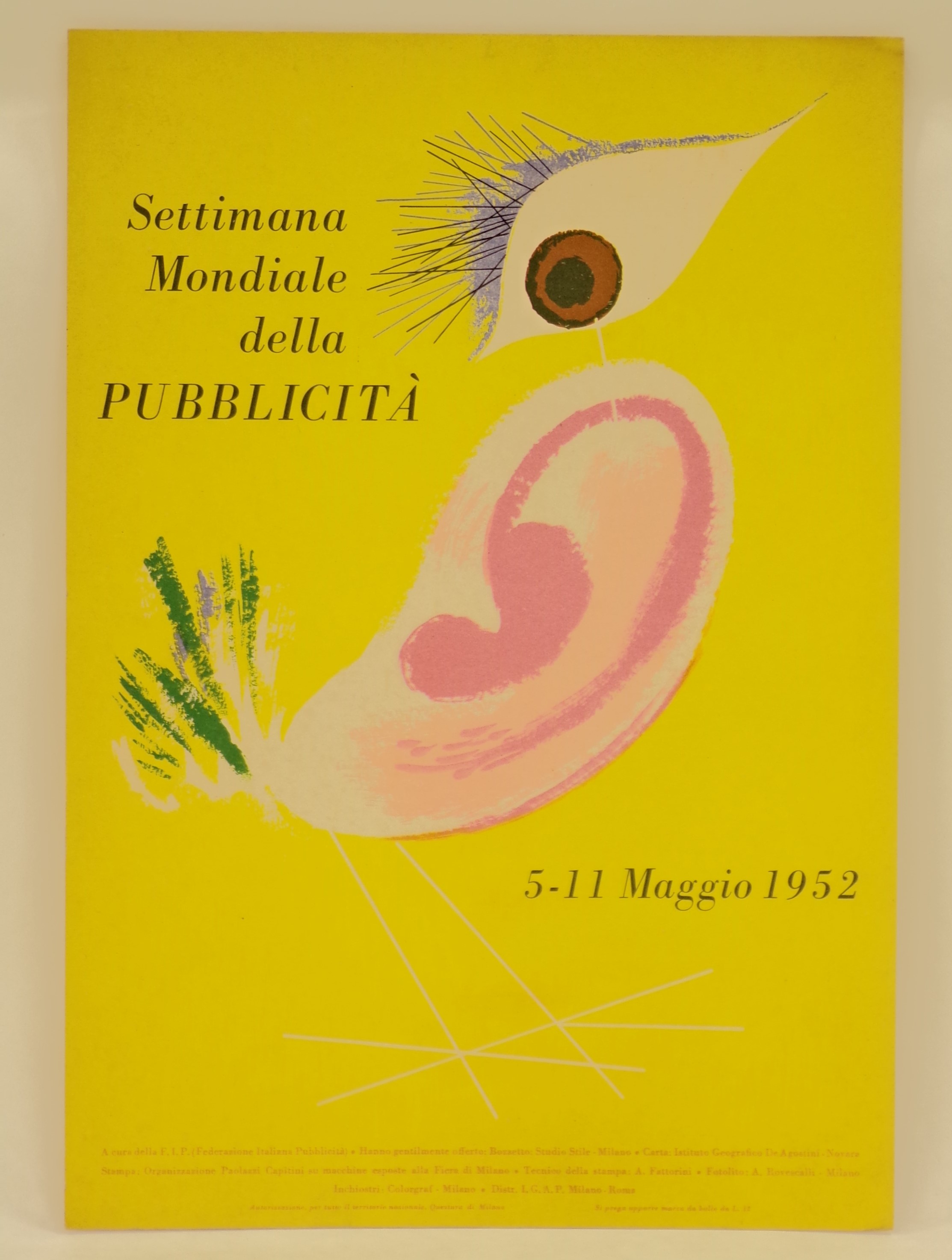 settimana mondiale della pubblicità 5-11 maggio 1952, occhio spalancato e orecchio (locandina) di Studio Stile - ambito milanese (metà XX)