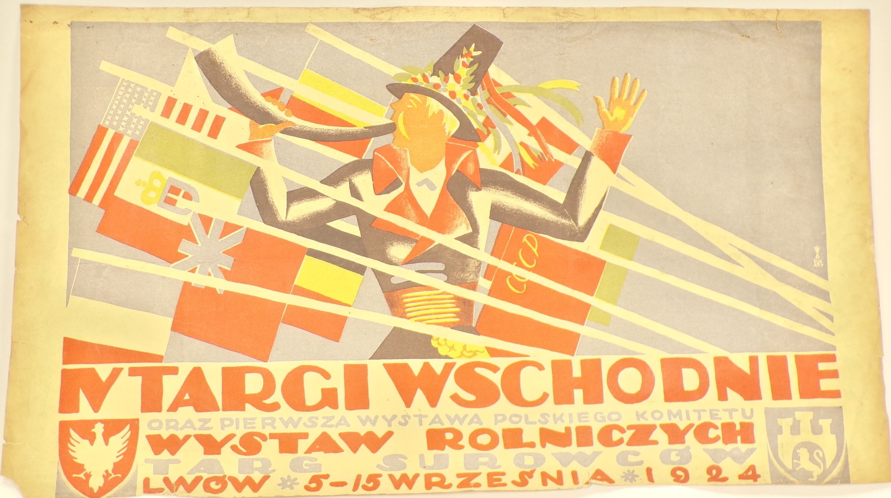 IV Targi wschodnie, Uomo in abito tradizionale polacco suona il corno tra una selezione di bandiere internazionali (locandina) di Gronowski Tadeusz Lucjan - ambito polacco (primo quarto XX)