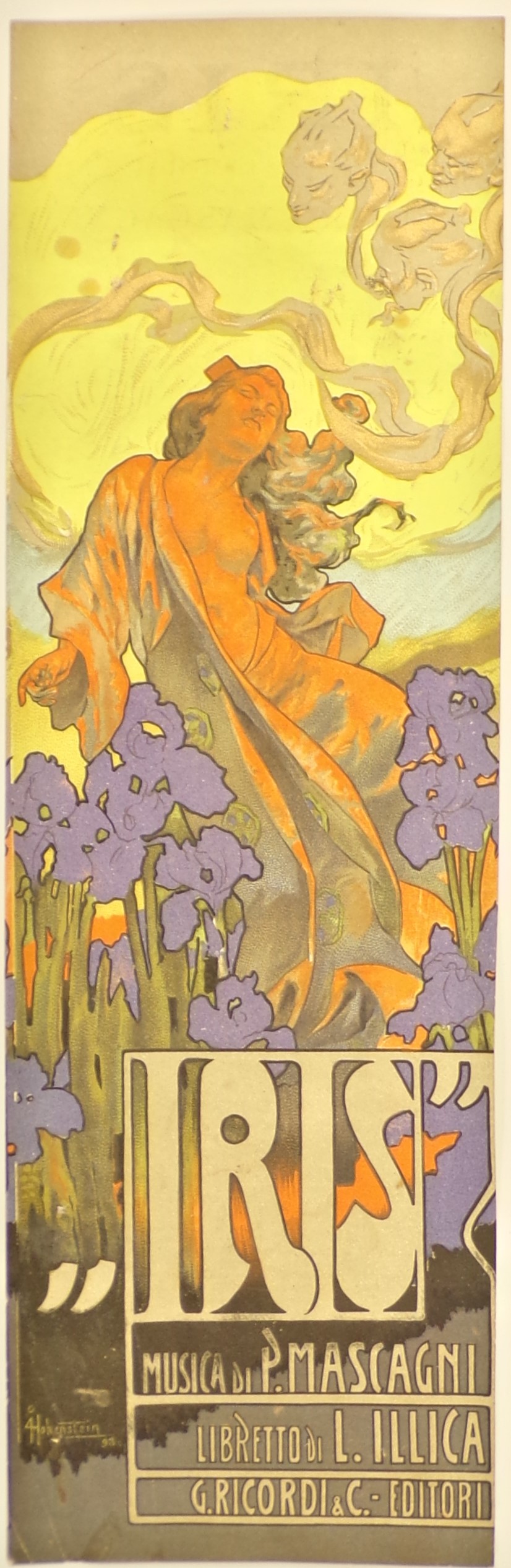 Iris, La bella Iris in kimono aperto indica i fiori che portano il suo nome mentre nel cielo dorato appaiono i volti di suo padre, di Osaka e di Kyoto (volantino) di Hohenstein Adolf - ambito milanese (fine XIX)