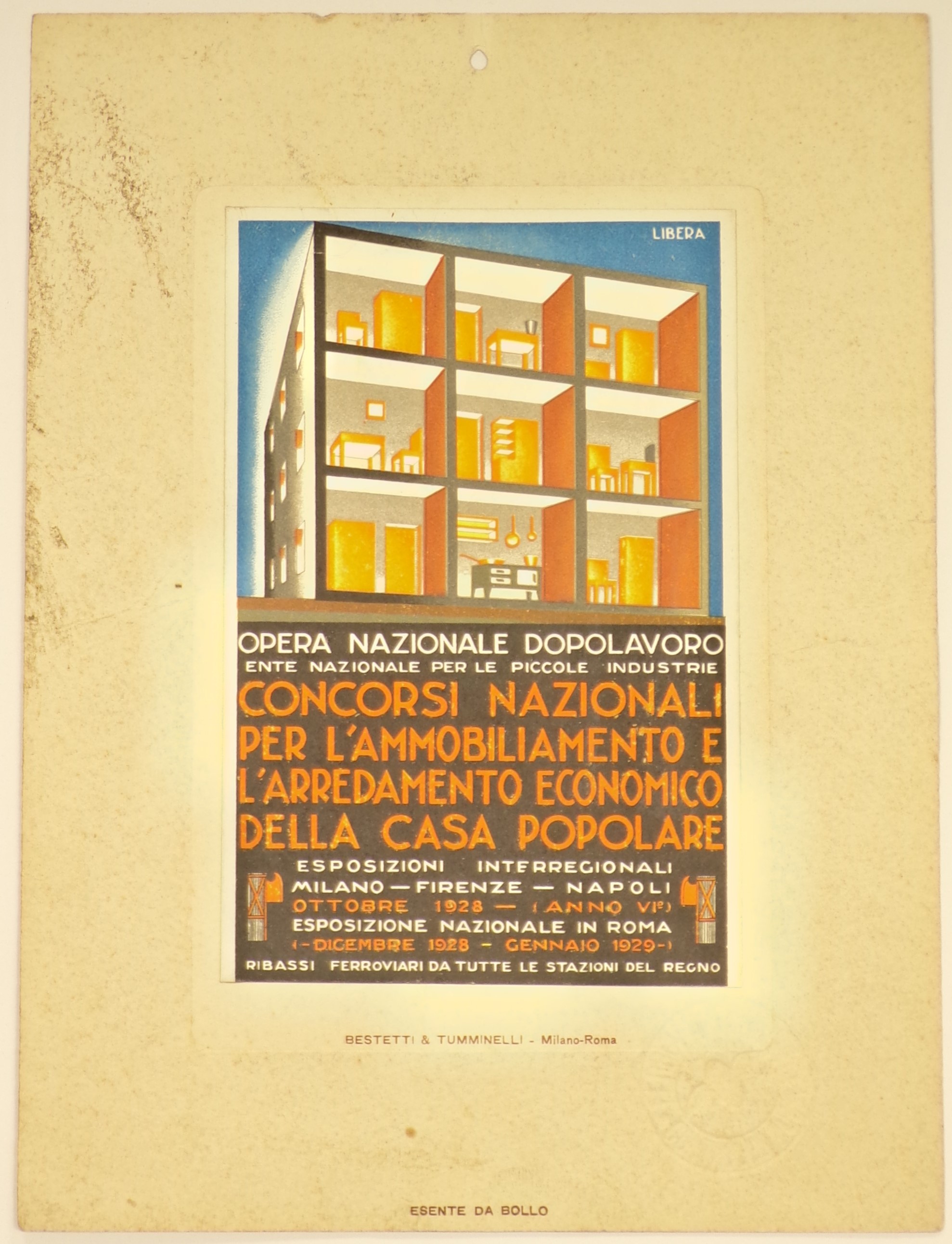 Concorsi nazionali per l'ammobiliamento e l'andamento economico della casa popolare, Rappresentazione prospettica di sezione verticale di edificio razionalista (locandina) di Libera Adalberto - ambito romano (secondo quarto XX)