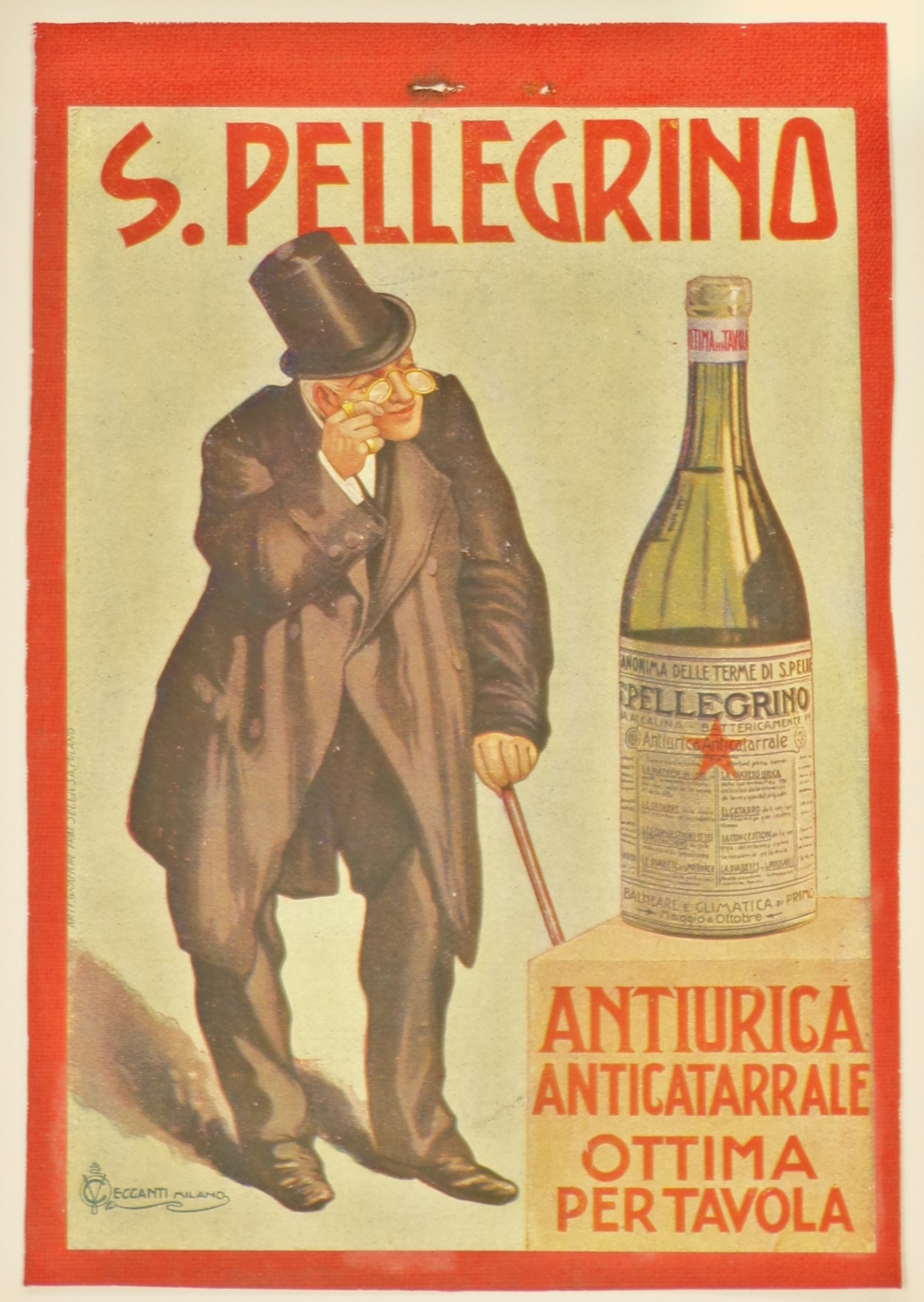 S. Pellegrino antiurica anticatarrale ottima per la tavola, Anziano e distinto signore borghese esamina con l'ausilio di raffinati occhialini pince-nez una bottiglia di acqua S. Pellegrino (locandina) di Ceccanti Vincenzo - ambito milanese (secondo quarto XX)