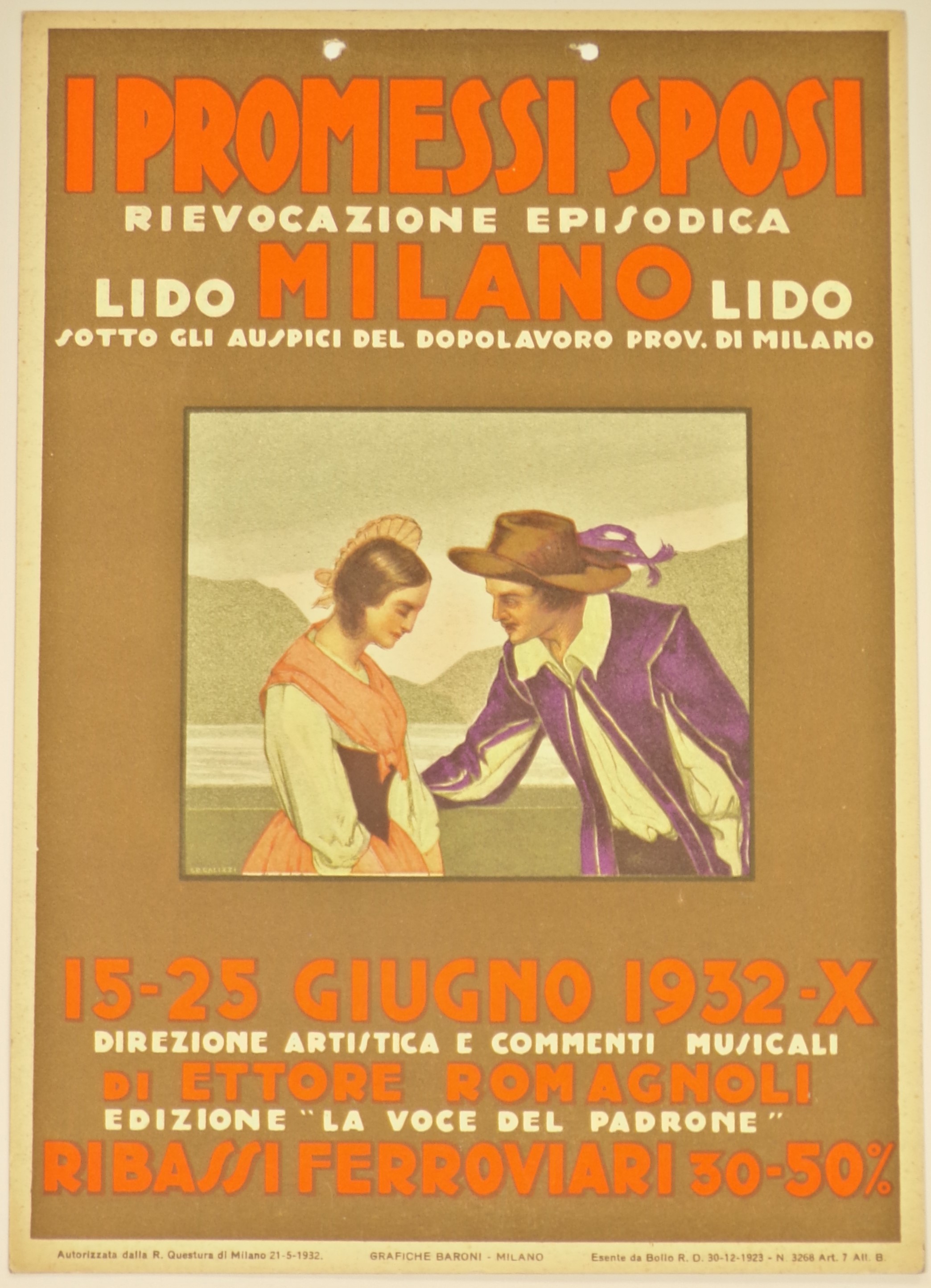 I Promessi Sposi rievocazione episodica, Cromolitografia raffigurante il dialogo tra Renzo Tramaglino e Lucia Mondella sullo sfondo del Lago di Como (locandina) di Galizzi Giovanni Battista - ambito milanese (secondo quarto XX)