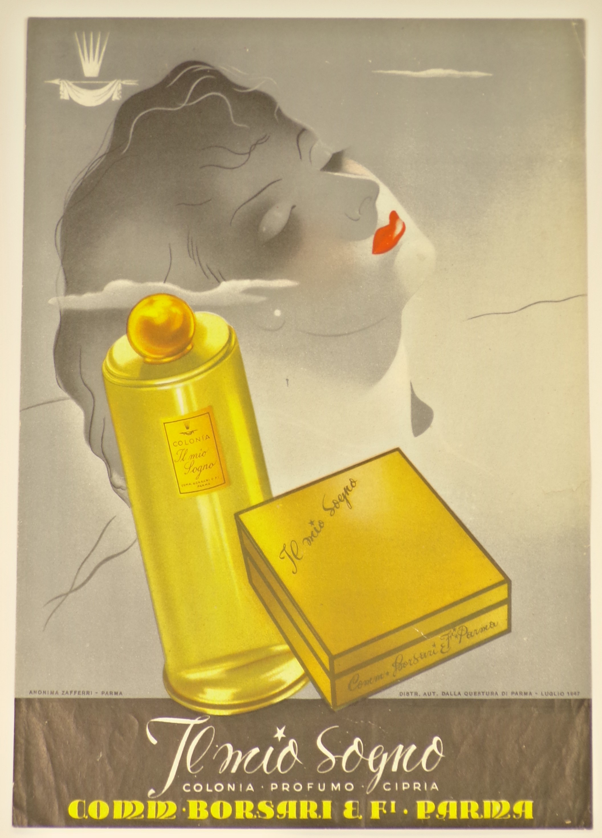 Il mio sogno. Colonia, profumo, cipria, Composizione surrealista con flacone di acqua di colonia e confezione di cipria "Il mio sogno" su sfondo grigio solcato da rare nubi dominato da una testa di donna assopita (locandina) - ambito parmense (metà XX)