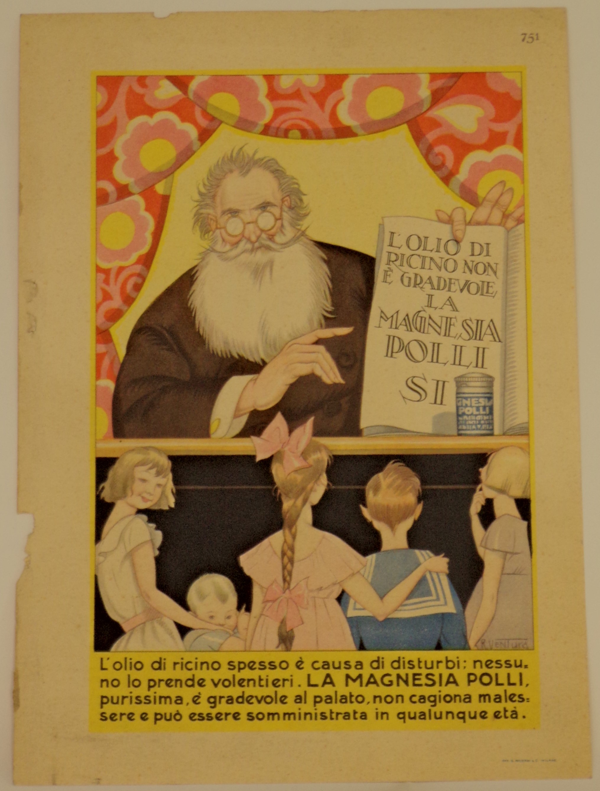 L'olio di ricino non è gradevole. La magnesia Polli sì, Anziano burattinaio si affaccia da un teatrino per pubblicizzare a un gruppo di bambini la magnesia Polli (volantino) di Ventura Renzo C - ambito milanese (primo quarto XX)