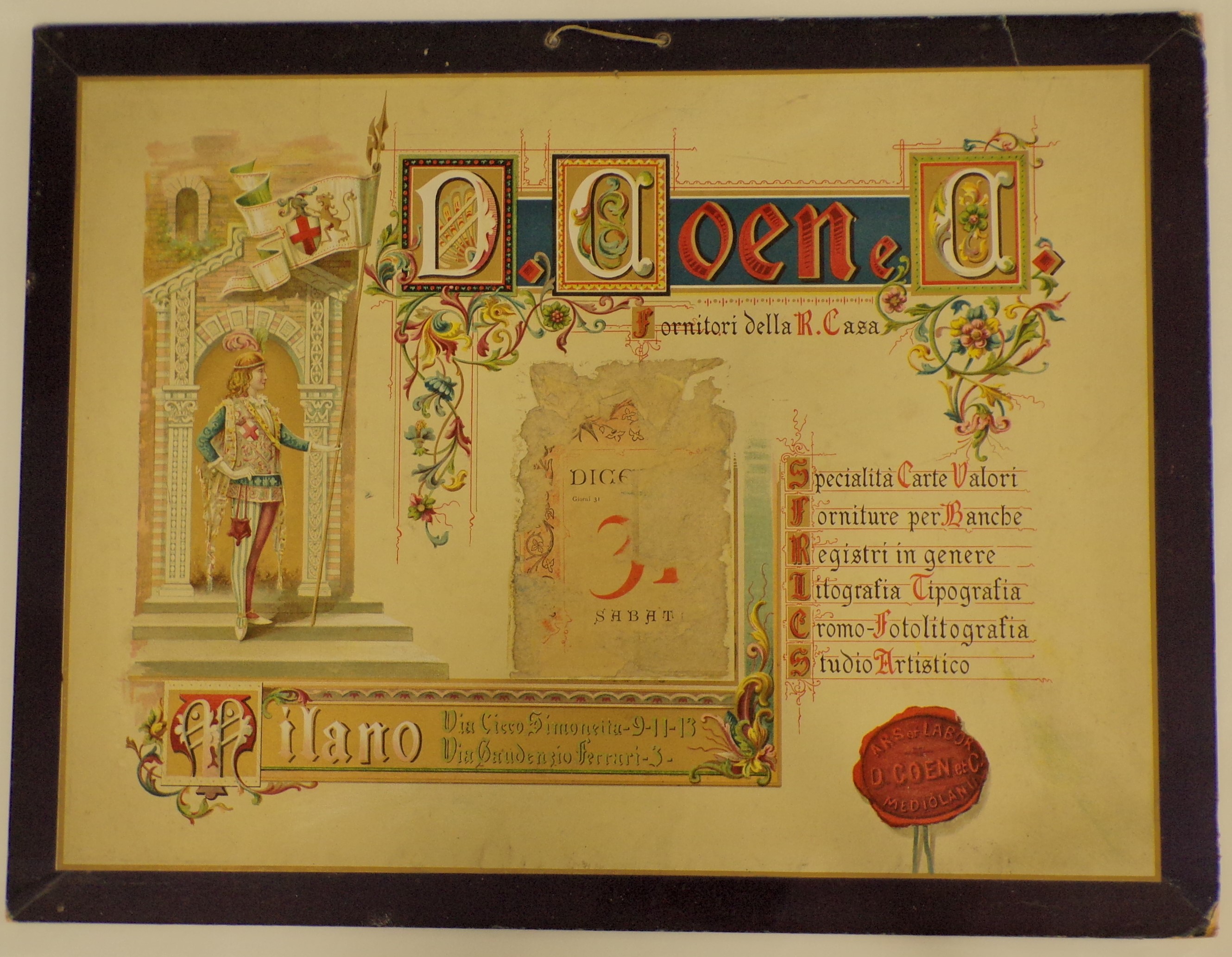 D. Coen e C. Fornitori della R. Casa, Guardia con lunga alabarda in abiti rinascimentali sui gradini di un edificio neoromanico (tabella) - ambito milanese (XIX-XX)